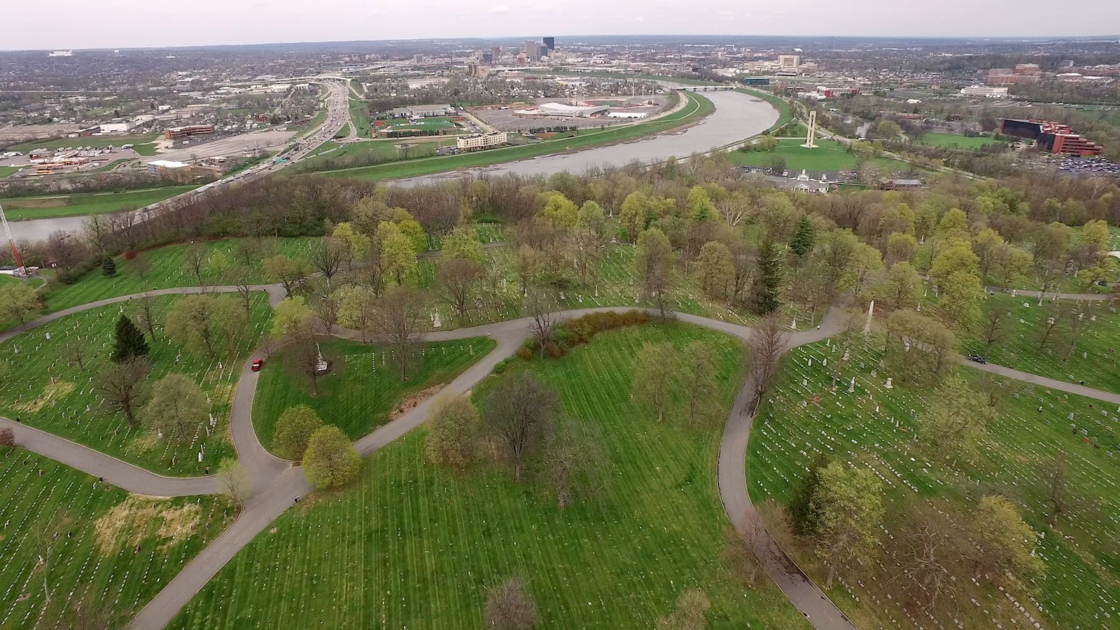 View of the city and the Great Miami River from Calvary Cemetery.  TY GREENLEES / STAFF