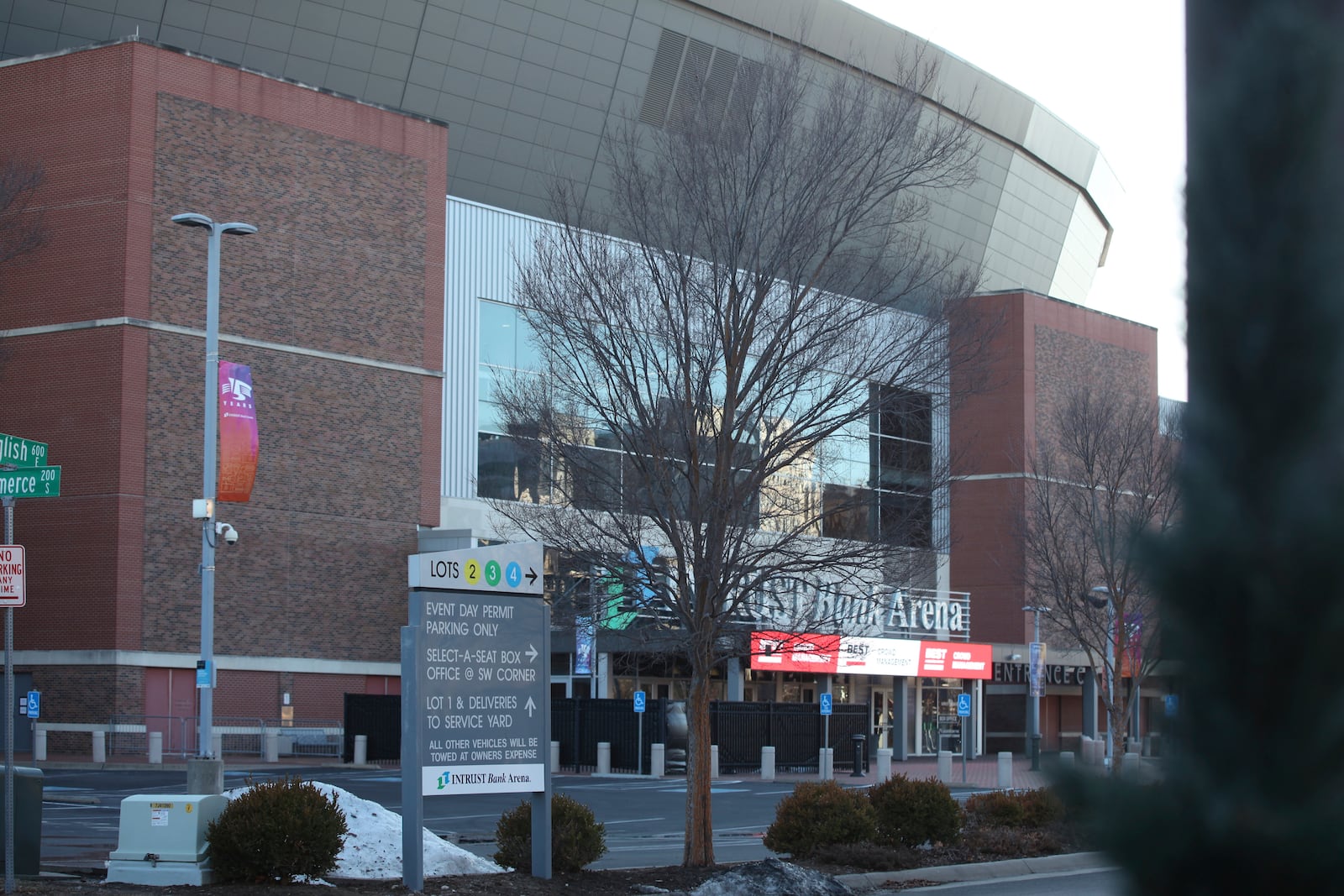 The entrance to the Intrust Bank Arena is seen within walking distance of the Oldtown restaurant and hotel district in downtown Wichita, Kansas, Friday, Jan. 31, 2025. (AP Photo/John Hanna)