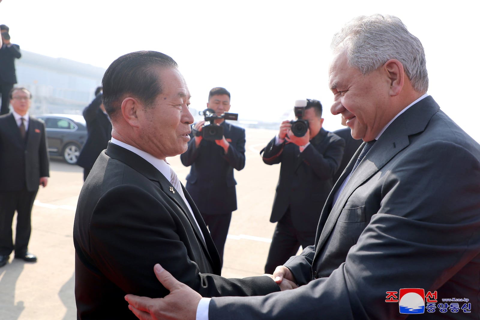 This photo provided by the North Korean government shows Russia's Security Council secretary, Sergey Shoigu, right, who arrived at Pyongyang Airport being greeted by Party Secretary Park Chung-cheon on Friday, March 21, 2025. Independent journalists were not given access to cover the event depicted in this image distributed by the North Korean government. The content of this image is as provided and cannot be independently verified. Korean language watermark on image as provided by source reads: "KCNA" which is the abbreviation for Korean Central News Agency. (Korean Central News Agency/Korea News Service via AP)