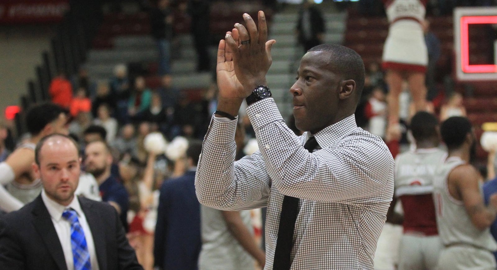 Dayton’s Anthony Grant thanks the fans after a victory against Saint Joseph’s on Sunday, Jan. 5, 2020, at Hagan Arena in Philadelphia. David Jablonski/Staff