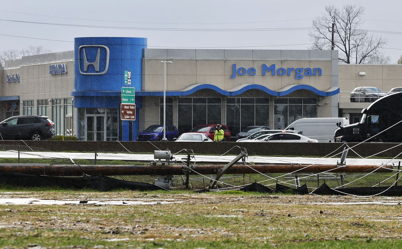 Interstate 75 was closed in both directions Tuesday, April 2, 2024, in Monroe after strong winds during a thunderstorm knocked wires down across the highway. NICK GRAHAM/STAFF