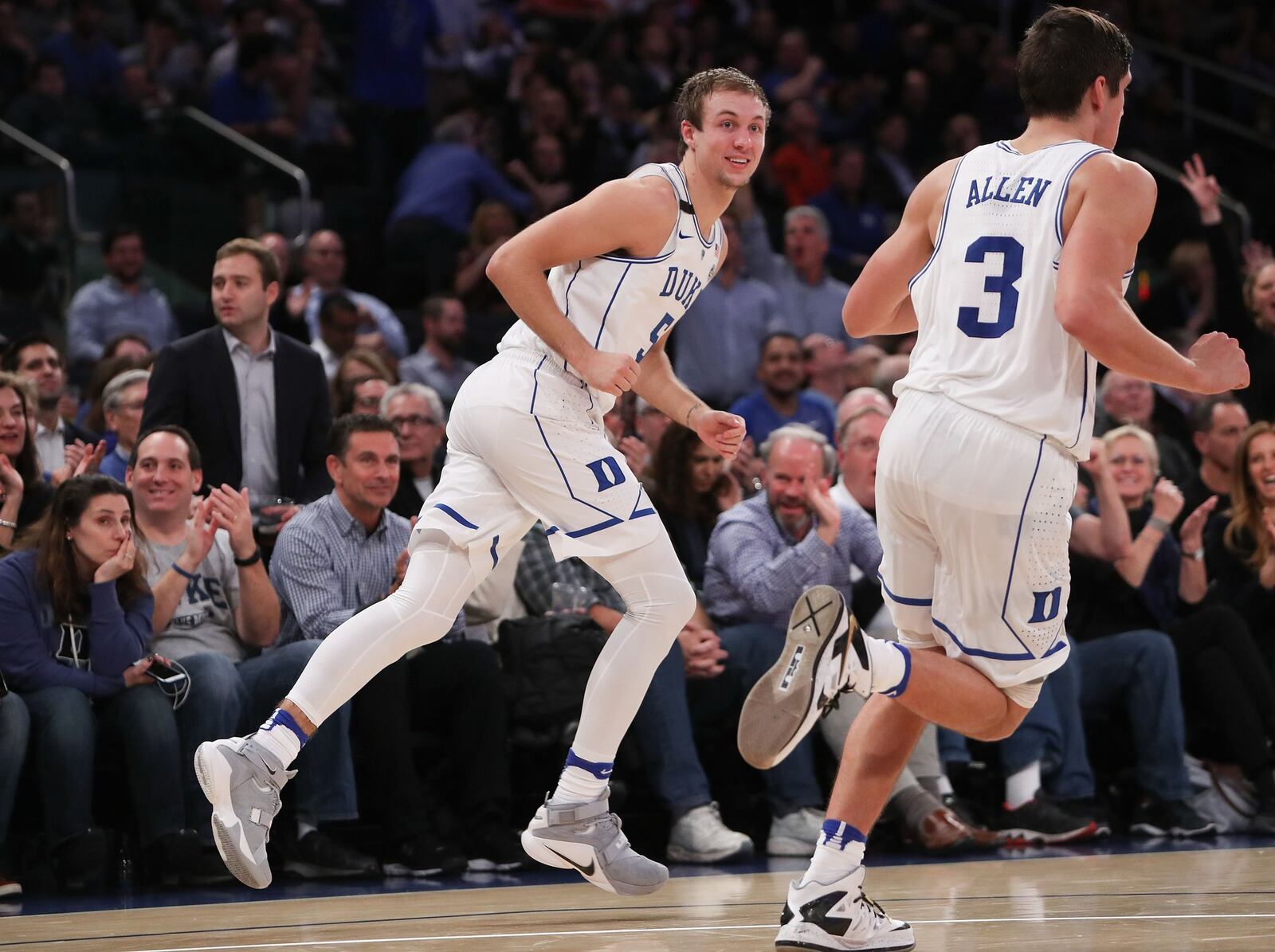 Duke’s Luke Kennard (5) reacts after hitting a 3-pointer against Florida during the Jimmy V Classic at Madison Square Garden in New York on Dec. 6. MICHAEL REAVES/GETTY IMAGES