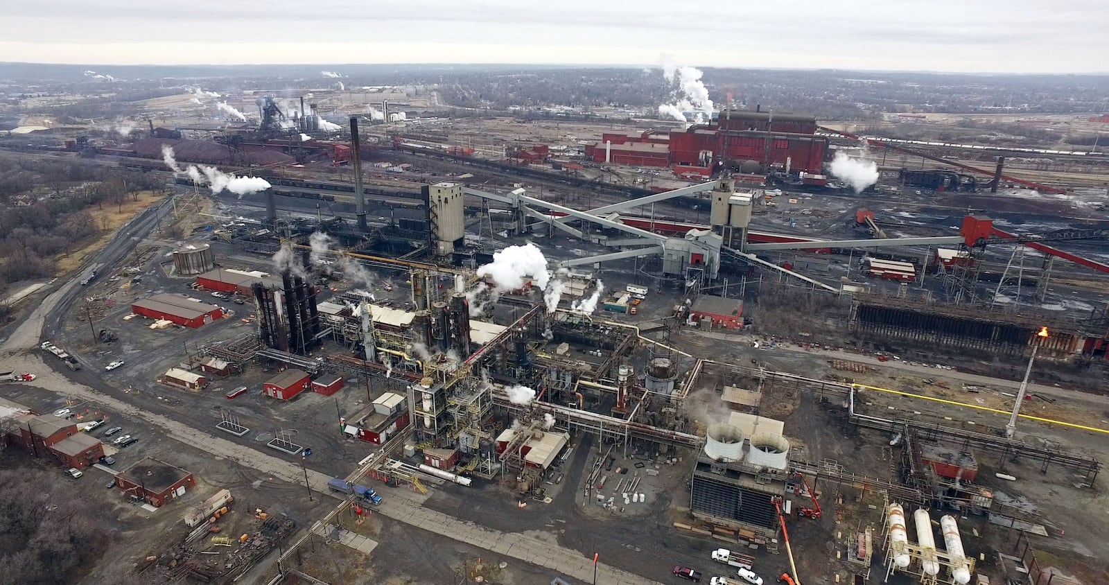 Aerial view of the AK Steel Middletown Works. The big steel producer covers more than 2,700 acres in the city to operate coke ovens, a blast furnace, hot strip mill and more than a dozen other steel production related processes. TY GREENLEES / STAFF