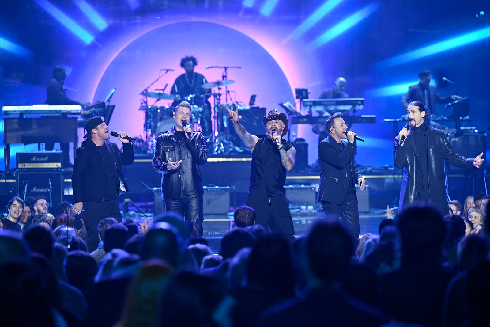 This image released by Peacock shows The Backstreet Boys performing during "SNL50: The Homecoming Concert" on Friday, Feb. 14, 2025, in New York. (Todd Owyoung/Peacock via AP)