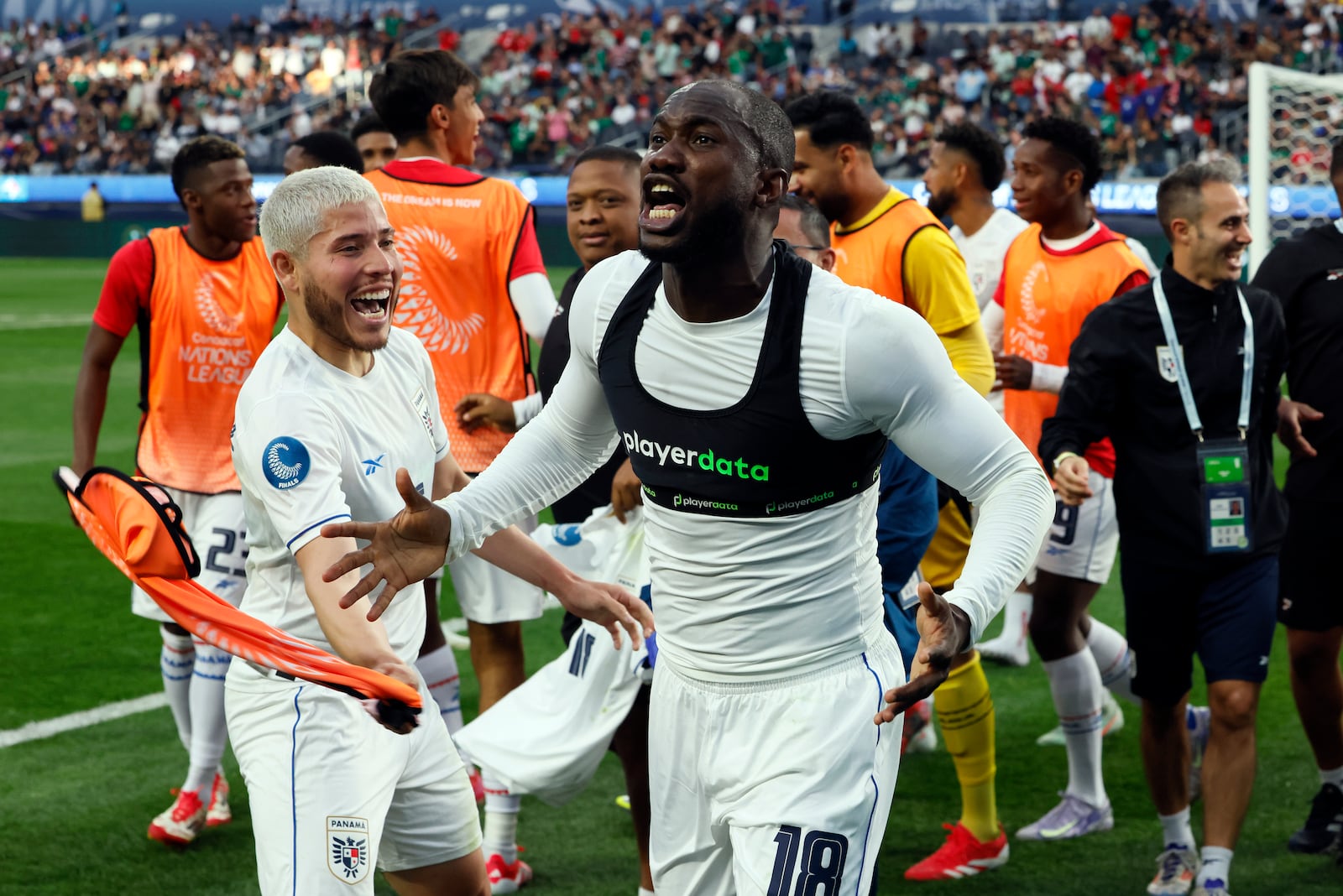 Panama's Cecilio Waterman Ruiz celebrates after scoring against the United States during the second half of a CONCACAF Nations League semifinal soccer match Thursday, March 20, 2025, in Inglewood, Calif. (AP Photo/Etienne Laurent)