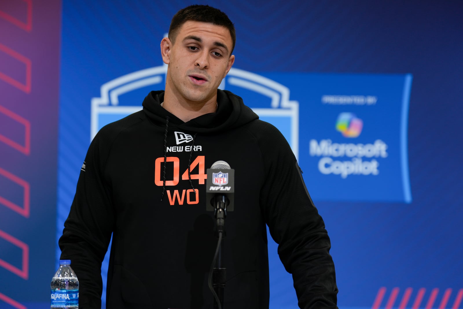 TCU wide receiver Jack Bech speaks during a press conference at the NFL football scouting combine Friday, Feb. 28, 2025, in Indianapolis. (AP Photo/George Walker IV)