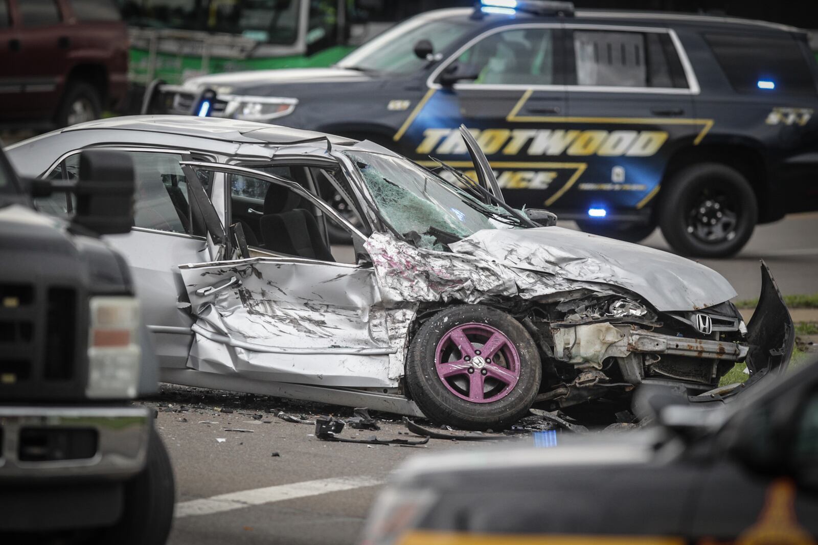 Four children were taken to area hospitals after a two-car crash Monday evening, May 10, 2021, at Salem Avenue and Free Pike in Harrison Twp. JIM NOELKER/STAFF