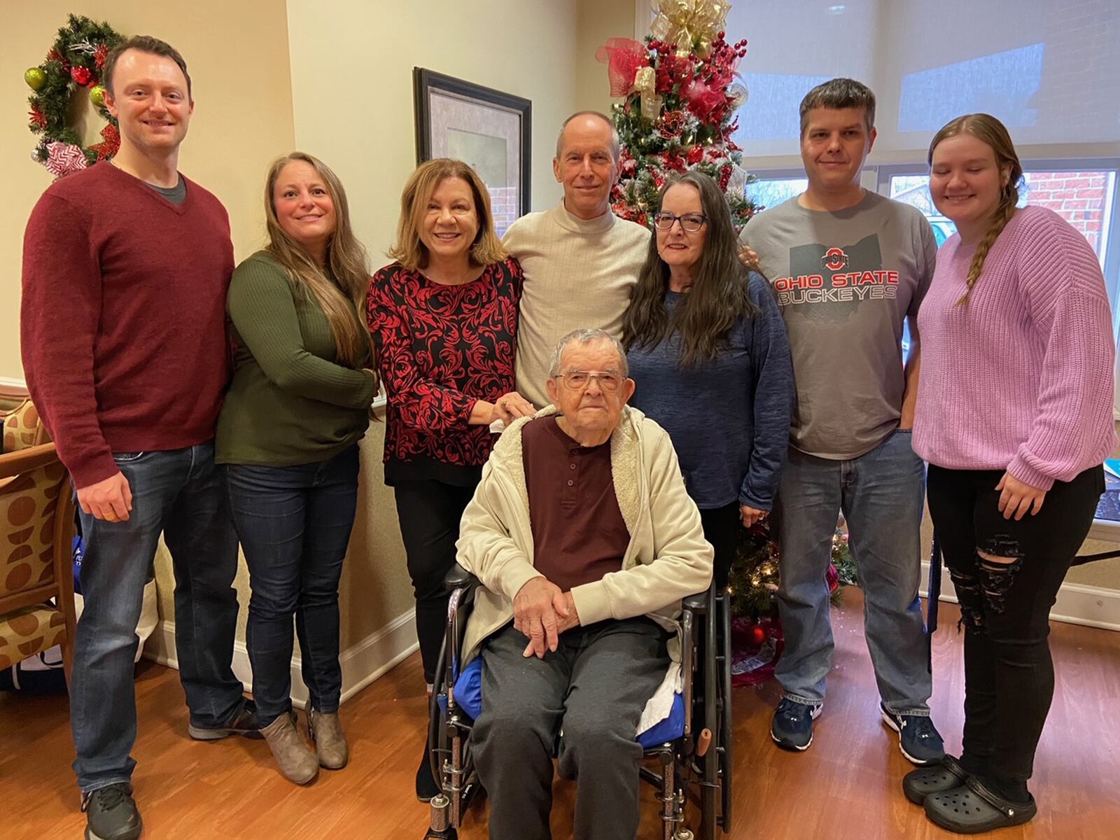 Elton with family members who could attend the celebration: Arvid and Liz Murphy (Liz is his granddaughter, Arvid her husband), Linda Murphy (daughter-in-law) and Chris Murphy (son), who all live in Atlanta; and Vicki Daily (daughter), Jason Daily (grandson) and Dominique Daily (great-granddaughter), who all live in Miamisburg, OH. CONTRIBUTED