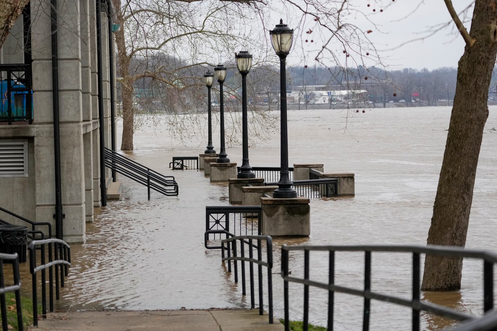 Water rises along the Cumberland River at McGregor Park, Sunday, Feb. 16, 2025, in Clarksville, Tenn. (AP Photo/George Walker IV)