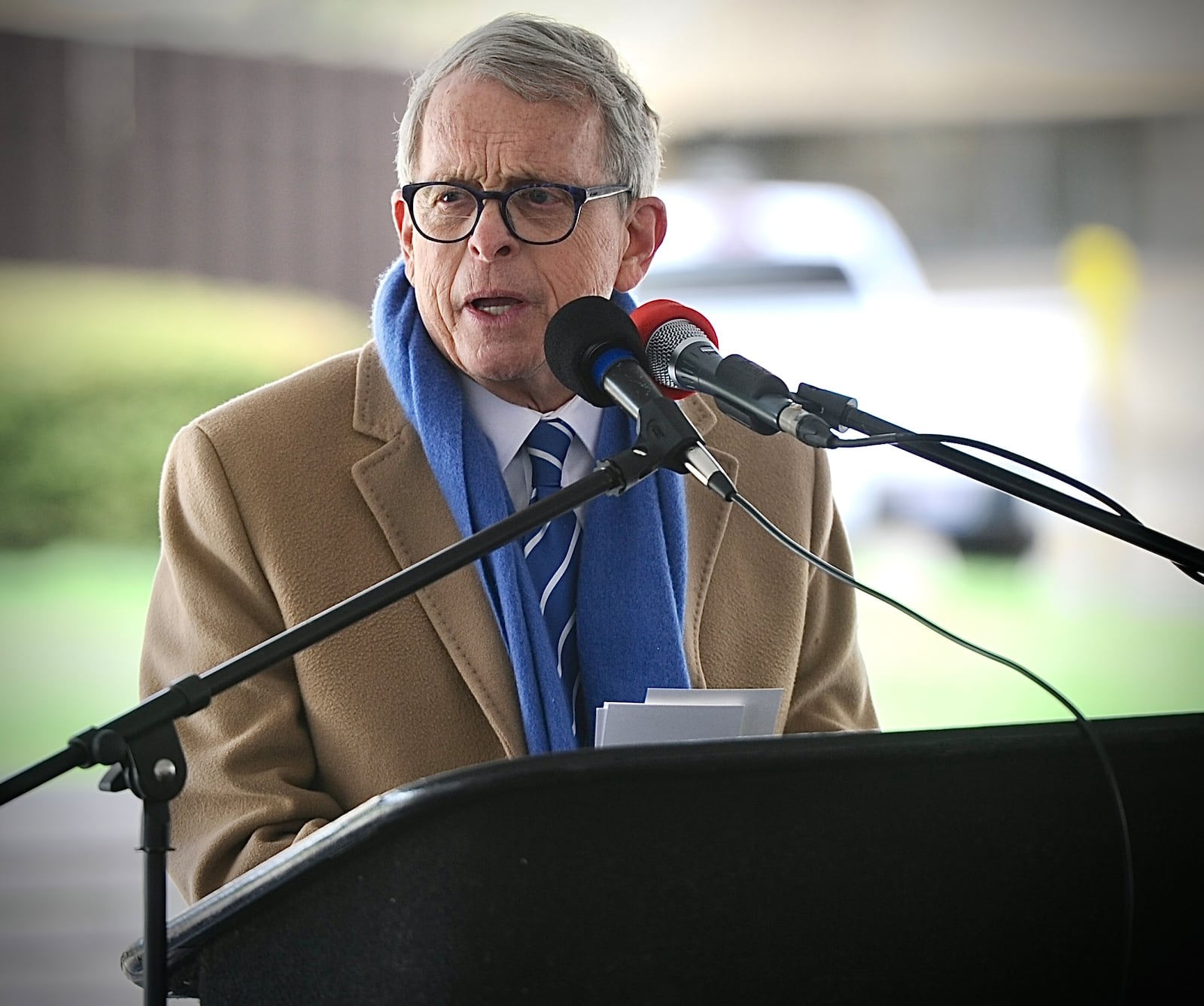 Ohio Gov. Mike DeWine was a featured speaker in Xenia Wednesday, April 3, 2024, for the ceremony "50 Years Later: Remembering the Xenia Tornado." DeWine was a 27-year-old assistant Greene County prosecutor who took shelter in the basement of the prosecutor's office building as the tornado tore off the roof. MARSHALL GORBY\STAFF