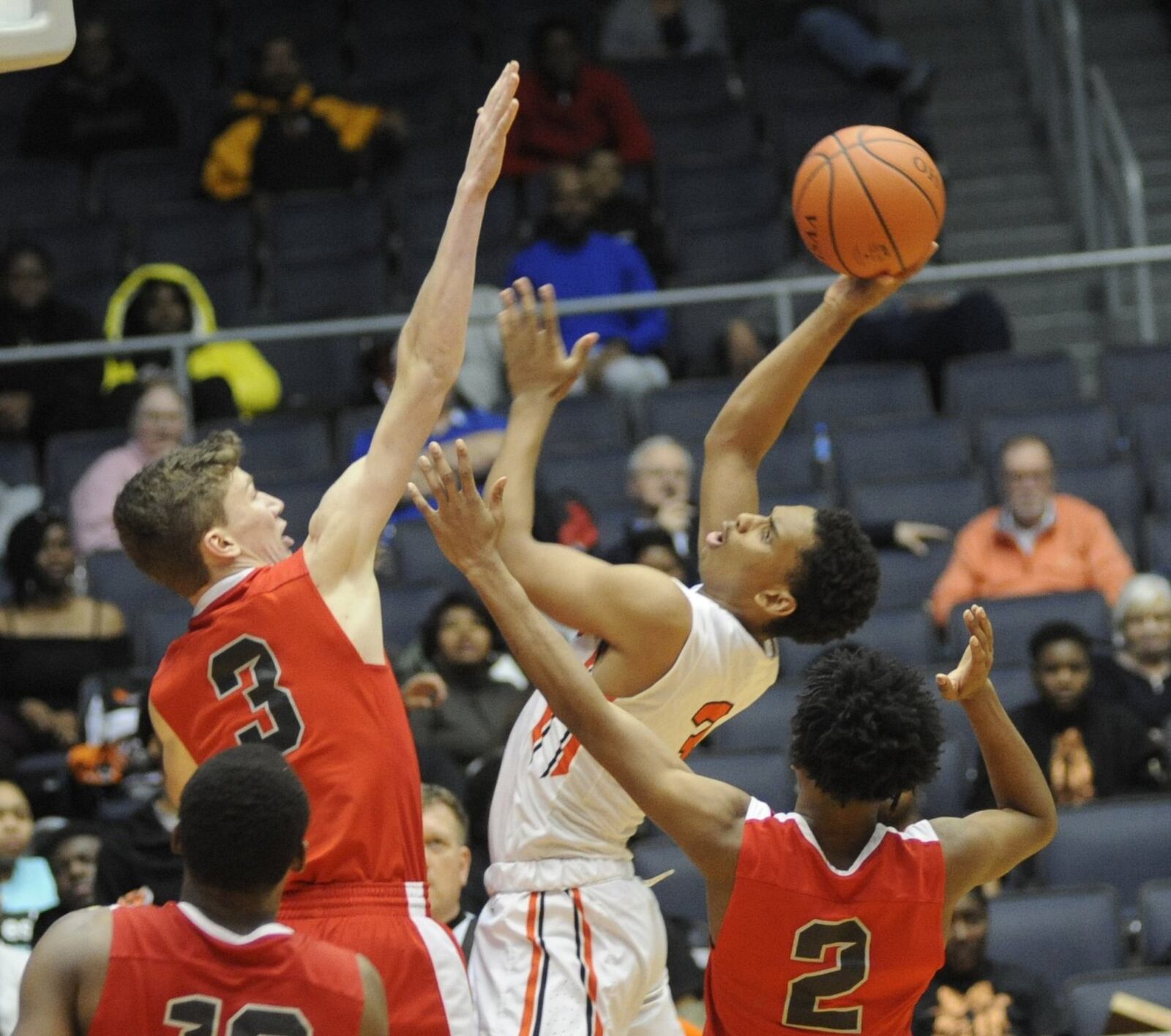 Trevon Ellis of Stivers (shooting) had another triple double. Stivers defeated Cin. Deer Park 76-62 in a boys high school basketball D-III district final at UD Arena on Sunday, March 10, 2019. MARC PENDLETON / STAFF