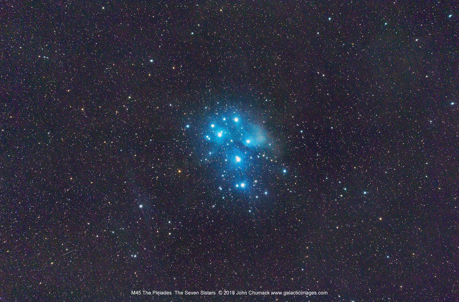 M45 Pleiades The Seven Sisters Star Open Cluster in Taurus. Taken on 09-16-2018 with a Canon 6D DSLR & Sigma 150mm to 600mm Lens set to 300mm lens, F5.6, ISO 2500. 60 minute exposure