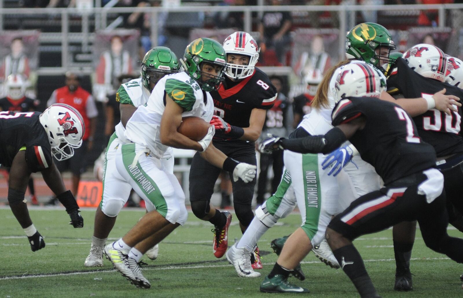 Northmont RB Michael Franklin (with ball) makes a short gain during a 49-20 Week 5 loss at Wayne on Friday, Sept. 21, 2018. MARC PENDLETON / STAFF