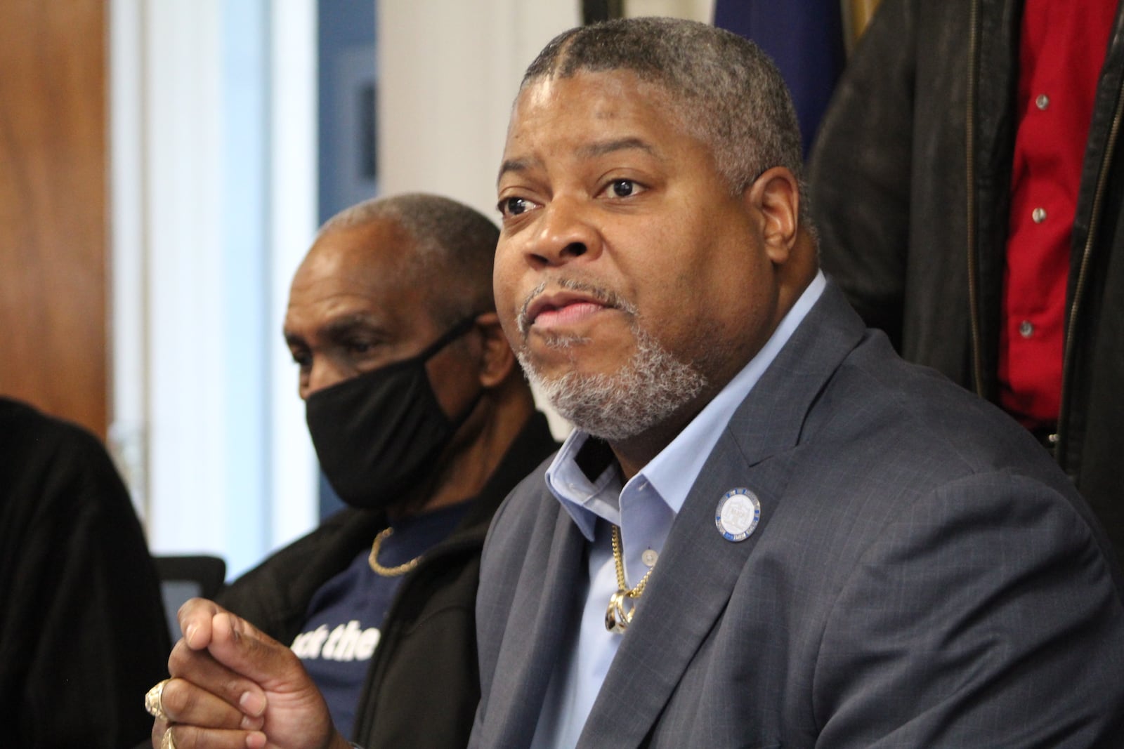 NAACP Dayton Unit President Derrick Foward at a press conference Tuesday where he said he's very disappointed in the Professional Standards Bureau's report on police actions during the Clifford Owensby traffic stop. CORNELIUS FROLIK / STAFF