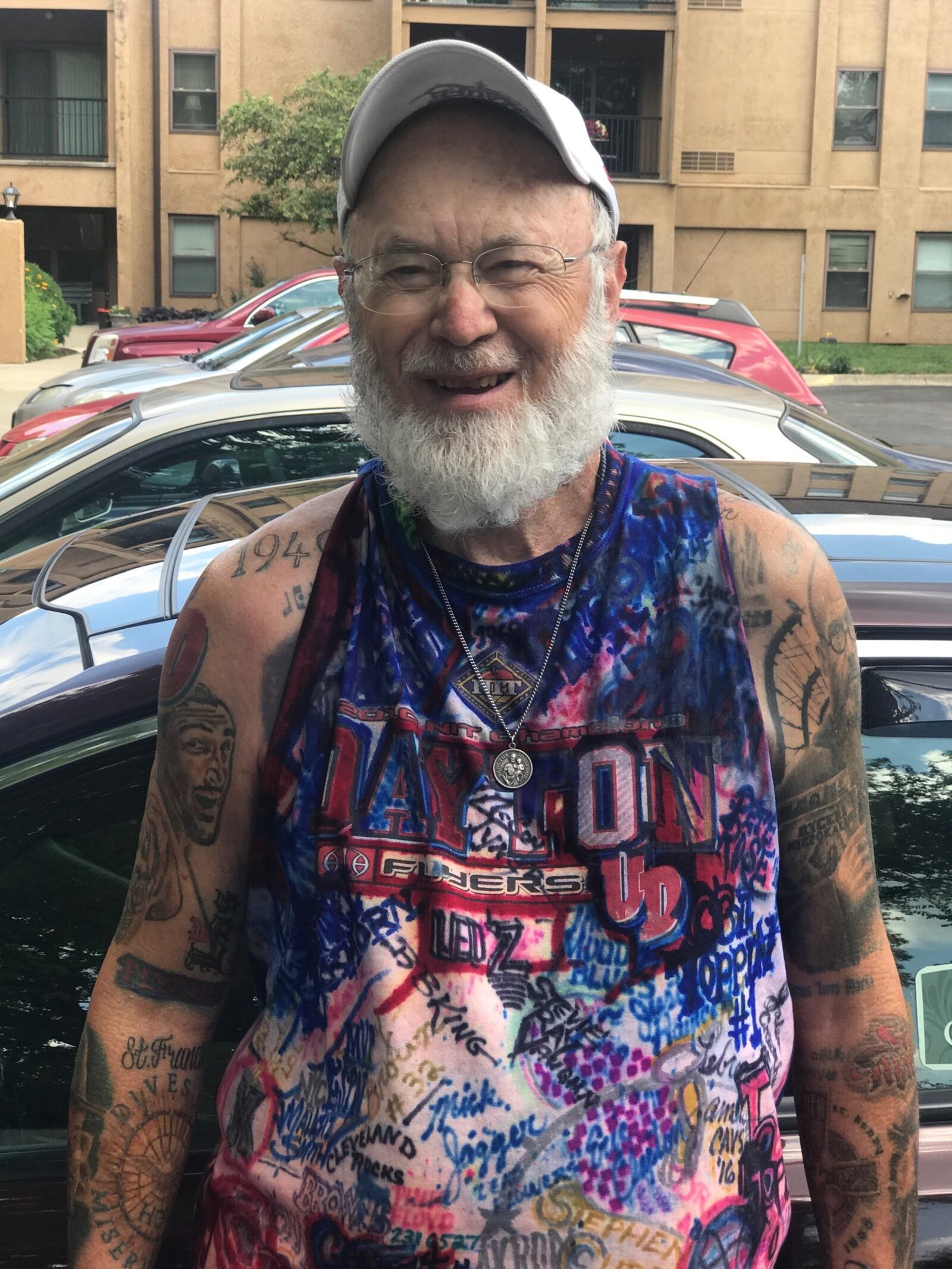 Mark Haufe, a UD basketball fan like maybe no other, wearing his Flyers’ compilation shirt. Tom Archdeacon photo