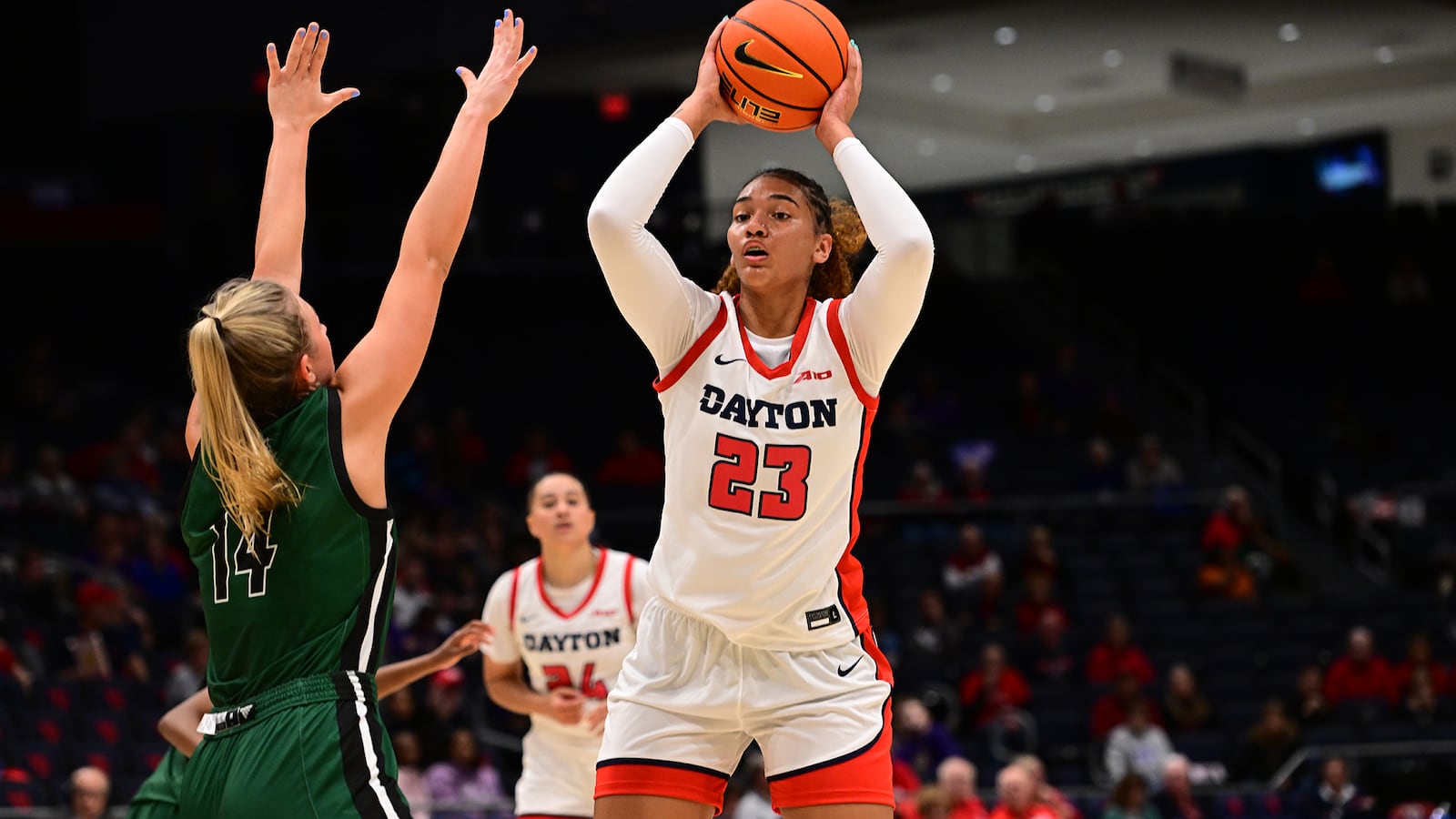 Dayton's Mariah Perez looks to pass during Tuesday night's game vs. Ohio at UD Arena. Erik Schelkun/UD Athletics