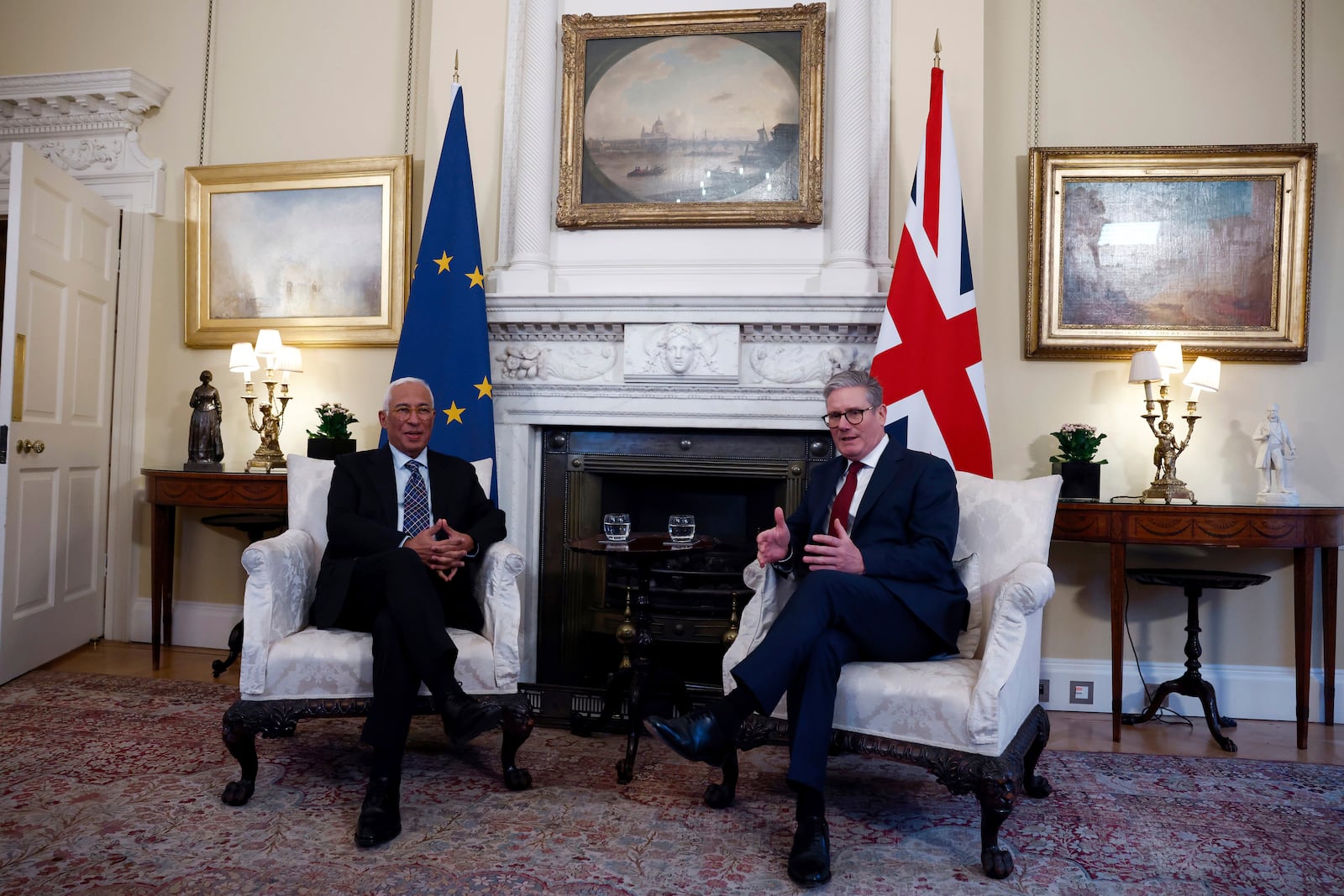 Britain's Prime Minister Keir Starmer, right, meets with President of the European Council Antonio Costa, at 10 Downing Street, in London, Thursday, Dec. 12, 2024. (Benjamin Cremel/Pool Photo via AP)