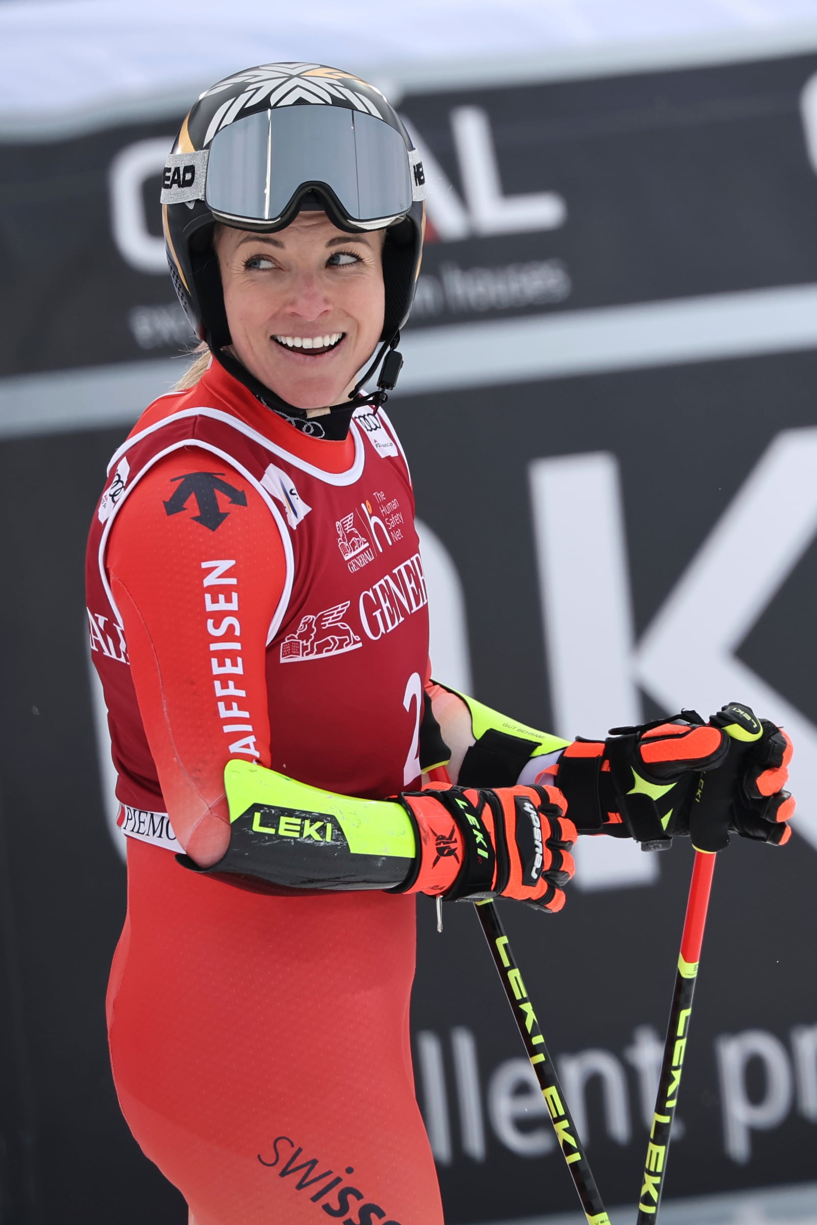 Switzerland's Lara Gut Behrami reacts after completing an alpine ski, women's World Cup giant slalom, in Sestriere, Italy, Saturday, Feb. 22, 2025. (AP Photo/Marco Trovati)