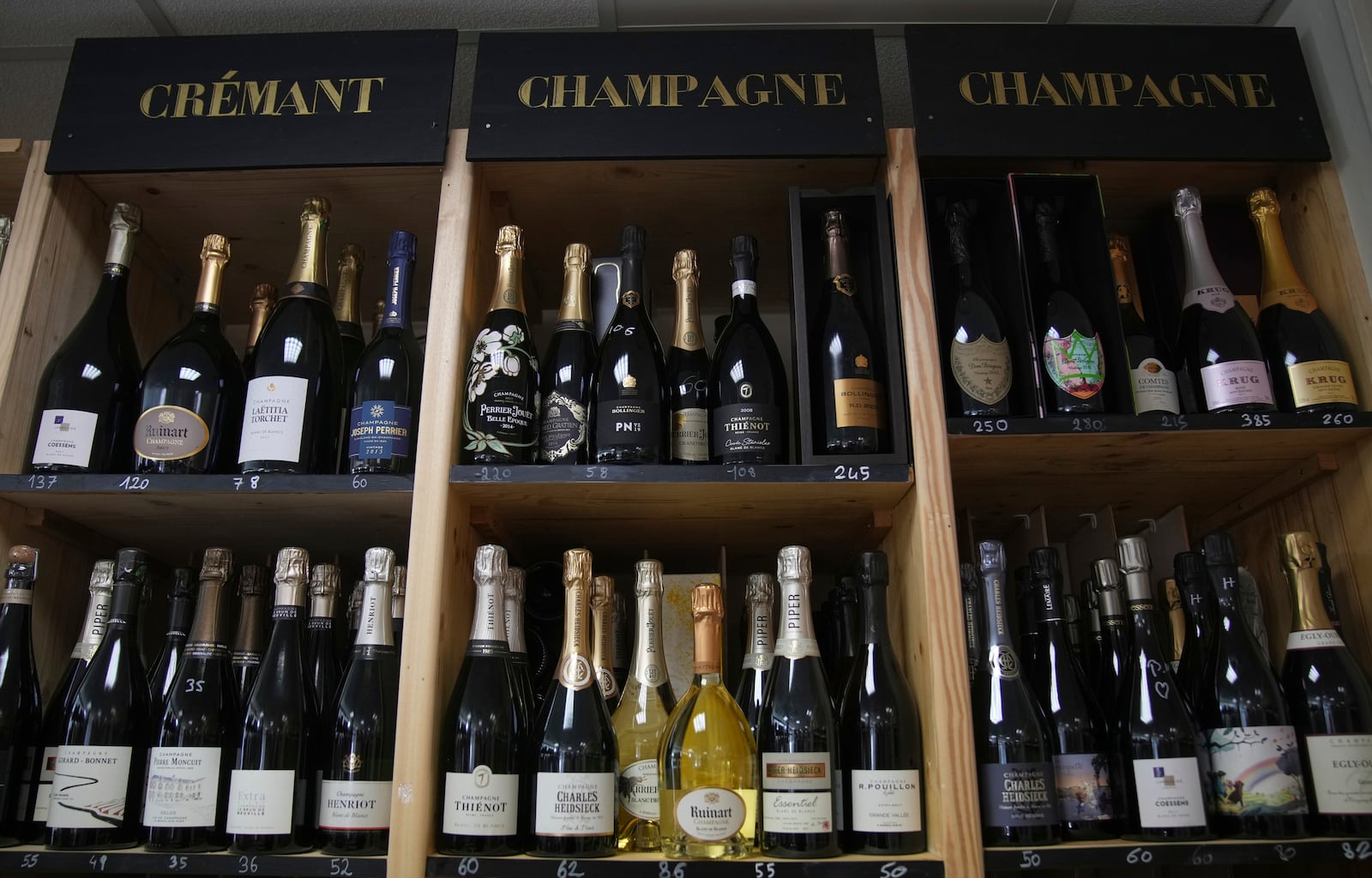 Bottles Champagne are for sale at a wine dealer shop as President Donald Trump threatened a 200% tariff on European wine, Champagne and spirits if the European Union goes forward with a planned tariff on American whiskey, Thursday, March 13, 2025 in Ville d'Avray, outside Paris. (AP Photo/Christophe Ena)