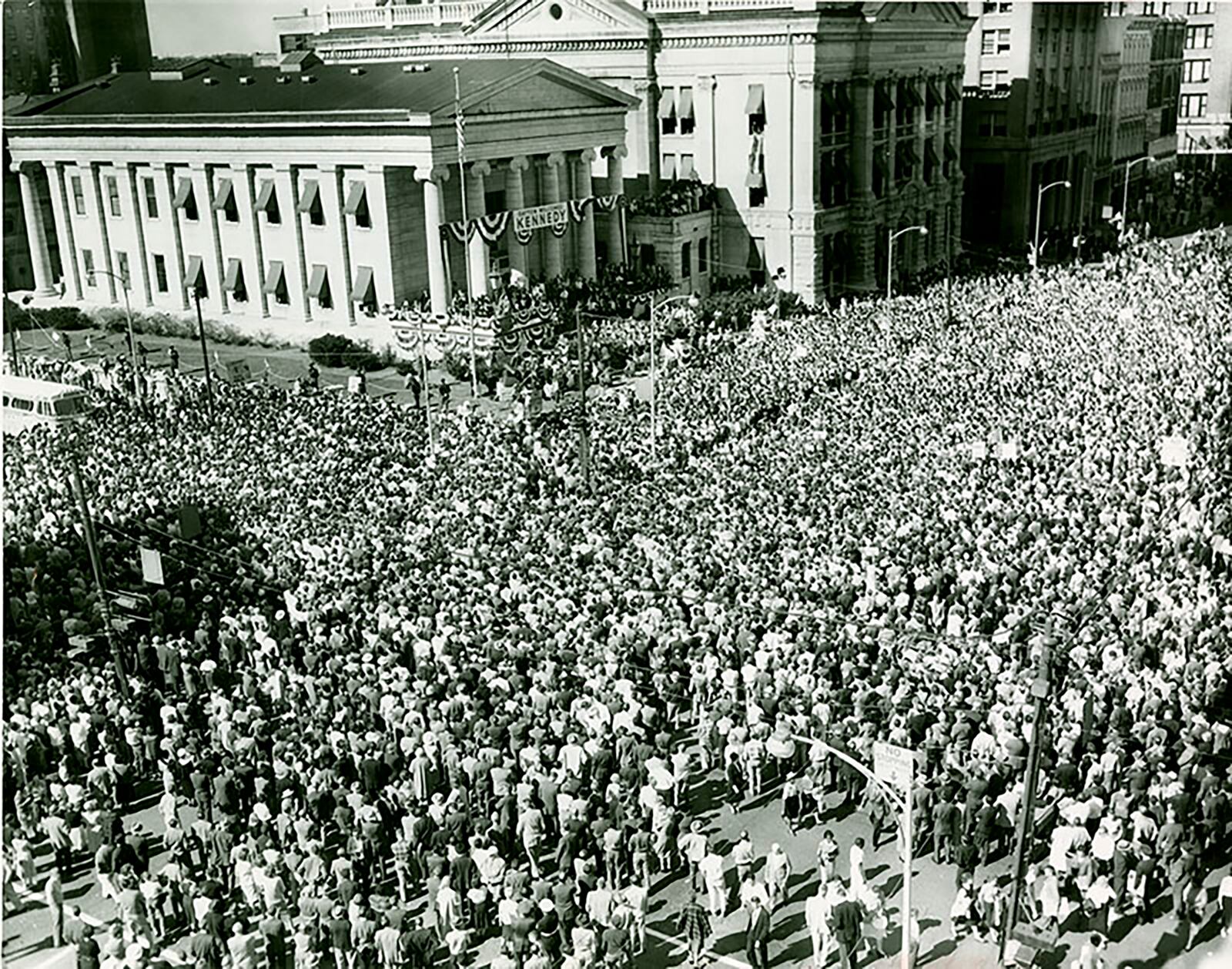 A crowd gathers around the Old Courthouse in downtown Dayton to hear John F. Kennedy speak Oct. 18, 1960. DAYTON DAILY NEWS ARCHIVE