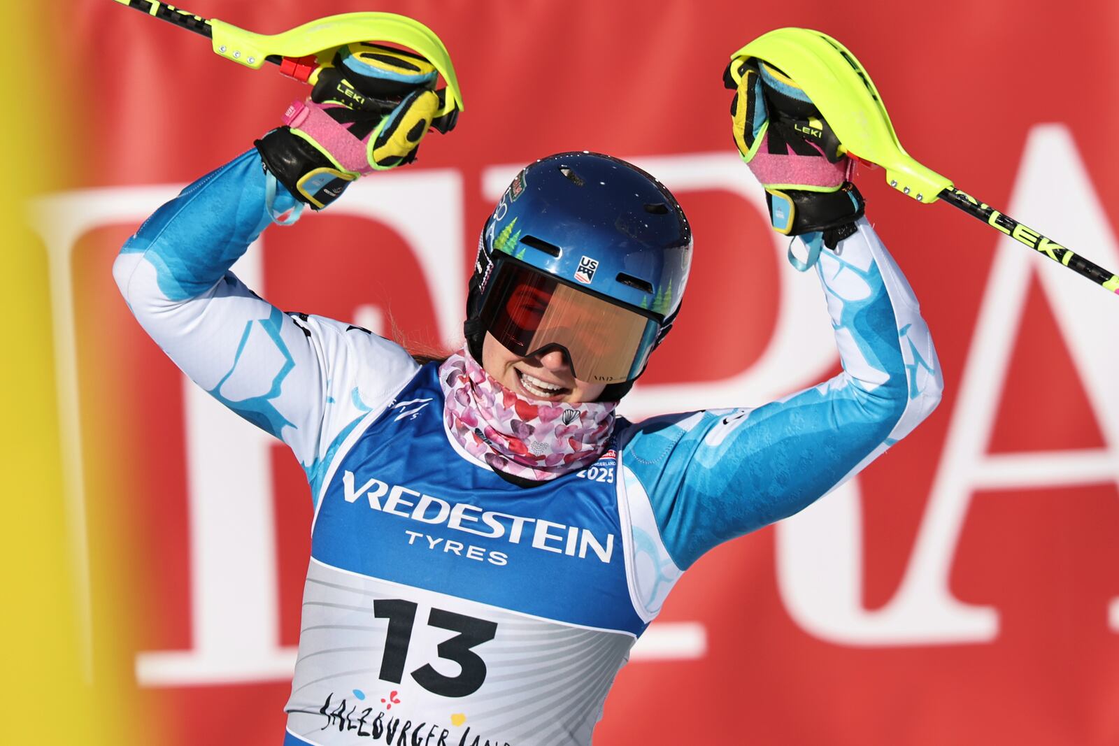 United States' Paula Moltzan celebrates at the finish area of a women's slalom, at the Alpine Ski World Championships, in Saalbach-Hinterglemm, Austria, Saturday, Feb. 15, 2025. (AP Photo/Marco Trovati)