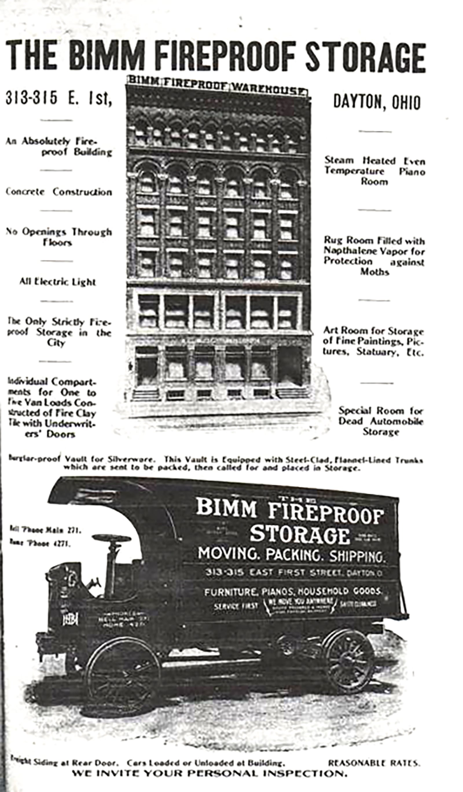 An early newspaper advertisement touts the features of the new Bimm Fireproof Warehouse. Concrete construction, an art room for fine paintings and electric light were among the innovations. DAYTON DAILY NEWS ARCHIVE