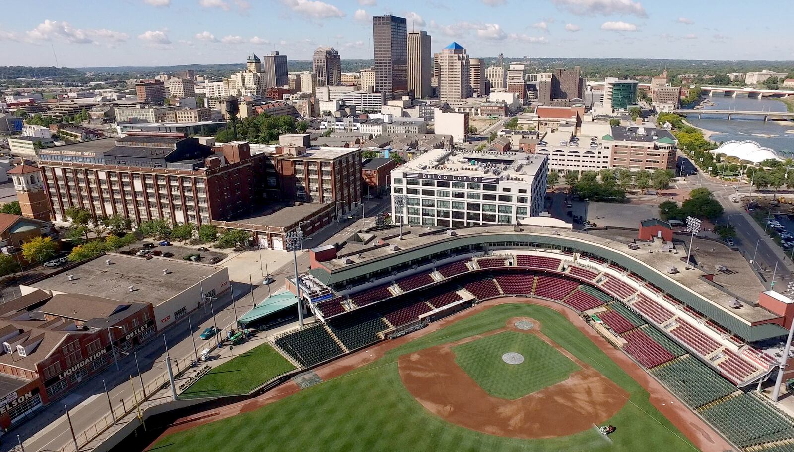 A 2017 view of Fifth Third Field and the Delco Lofts in the Water Street District of Dayton.   TY GREENLEES / STAFF