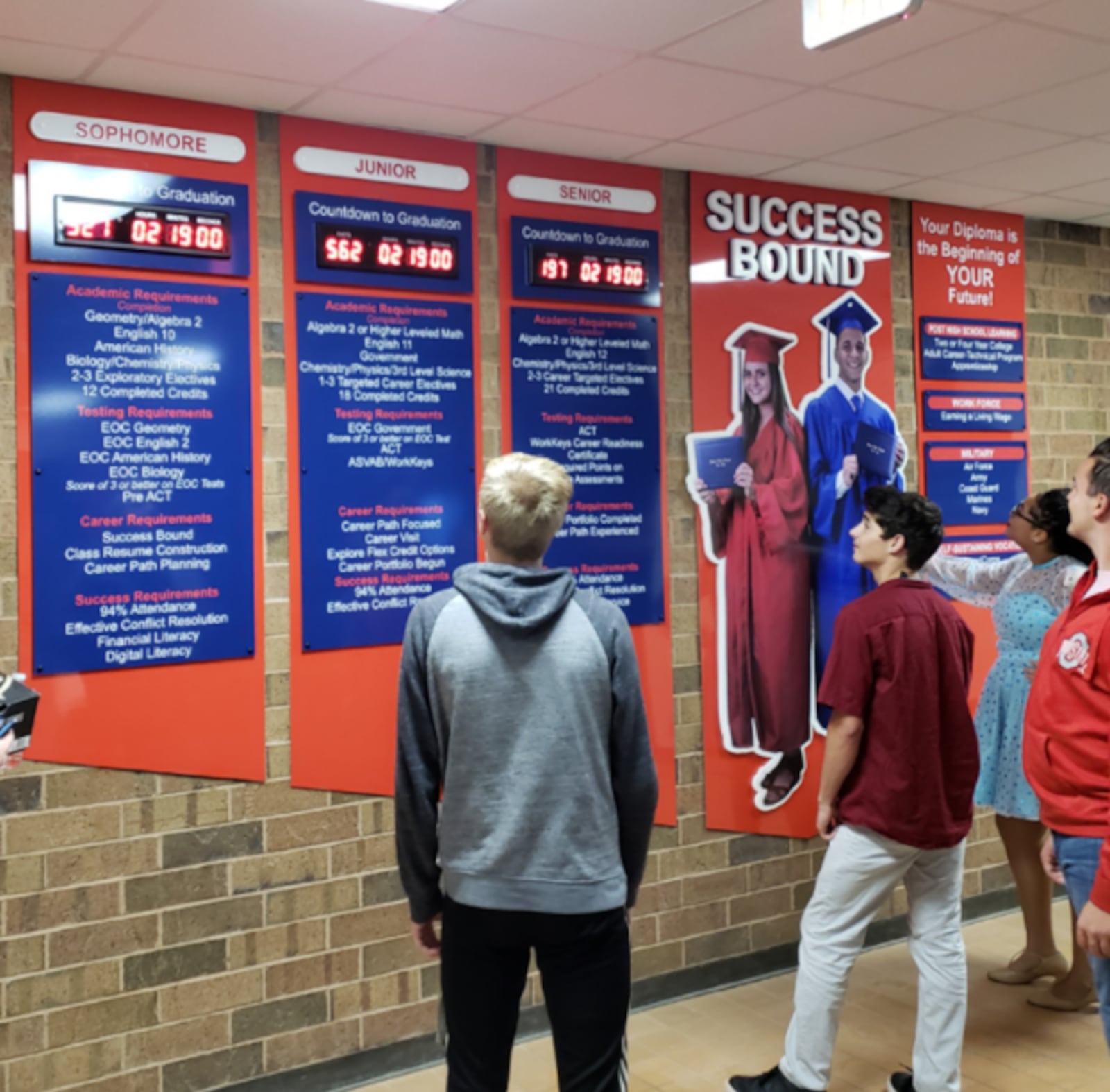 Piqua High School students look at the district's Success Bound Plan last school year. The plan lists needed courses and career exploration steps, and has countdown clocks to graduation by grade level.