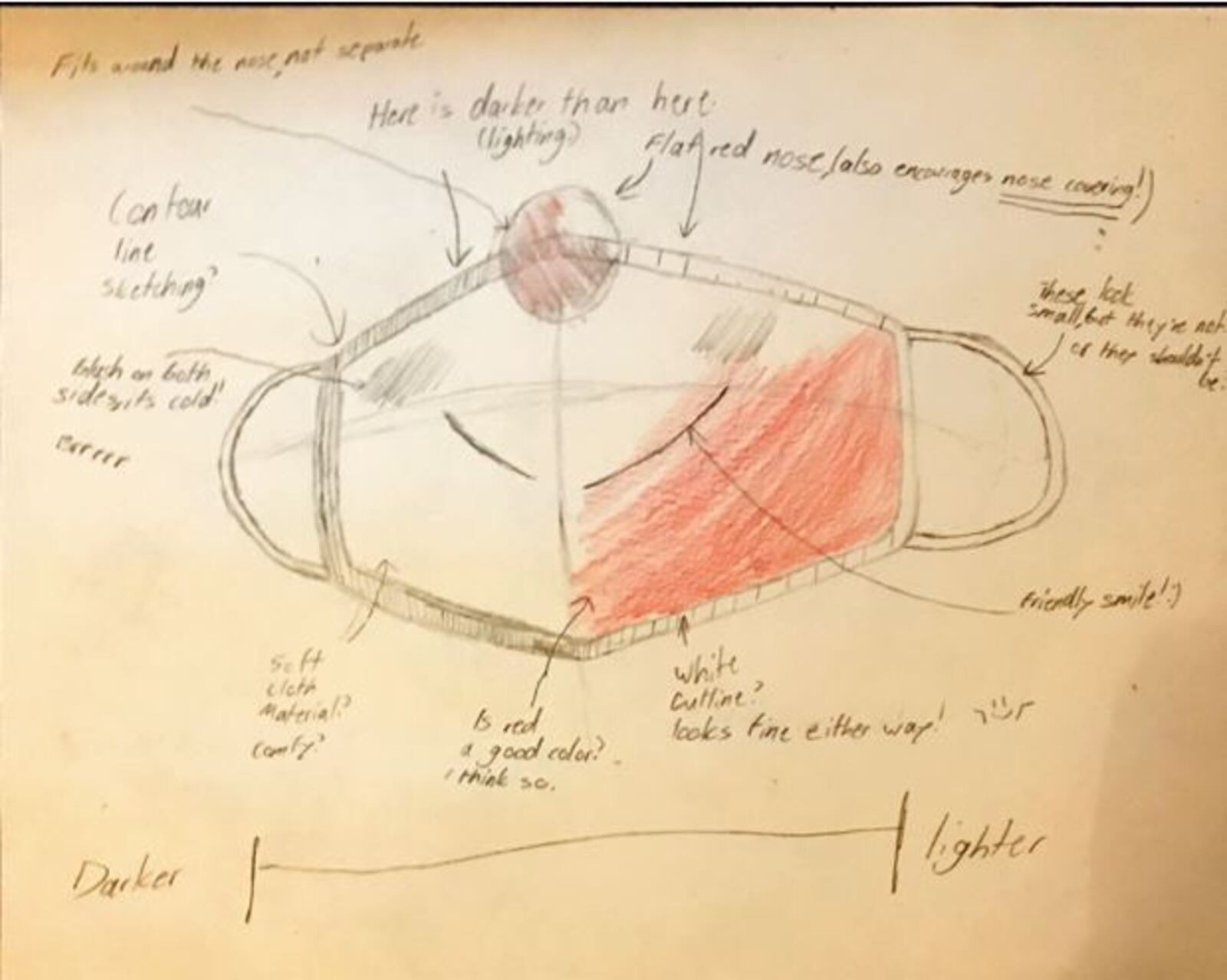 Fifteen-year-old Jesse Floyd provided detailed instructions for his red-and-white mask, including " a kind of blush color because it’s cold outside!” There’s also a smile on the mask because Santa is a friendly guy. “I kind of got stuck on the thought of Santa wearing a mask, because he has a huge beard, so when he wears a mask it looks weird,” Jesse says. “I was also thinking that it’s annoying when people don’t cover their noses when wearing a mask.” So Jesse, a Dayton Regional STEM school student who lives in Fairborn, included a fitted red nose at the top of the mask, He also specifies the mask be made of a soft fabric for comfort. CONTRIBUTED