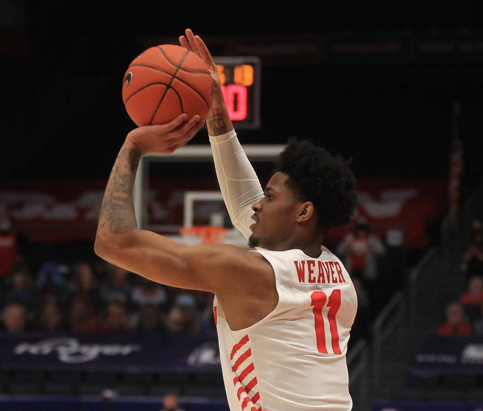 Dayton's Elijah Weaver shoots against Duquesne on Wednesday, Jan. 13, 2021, at UD Arena. David Jablonski/Staff