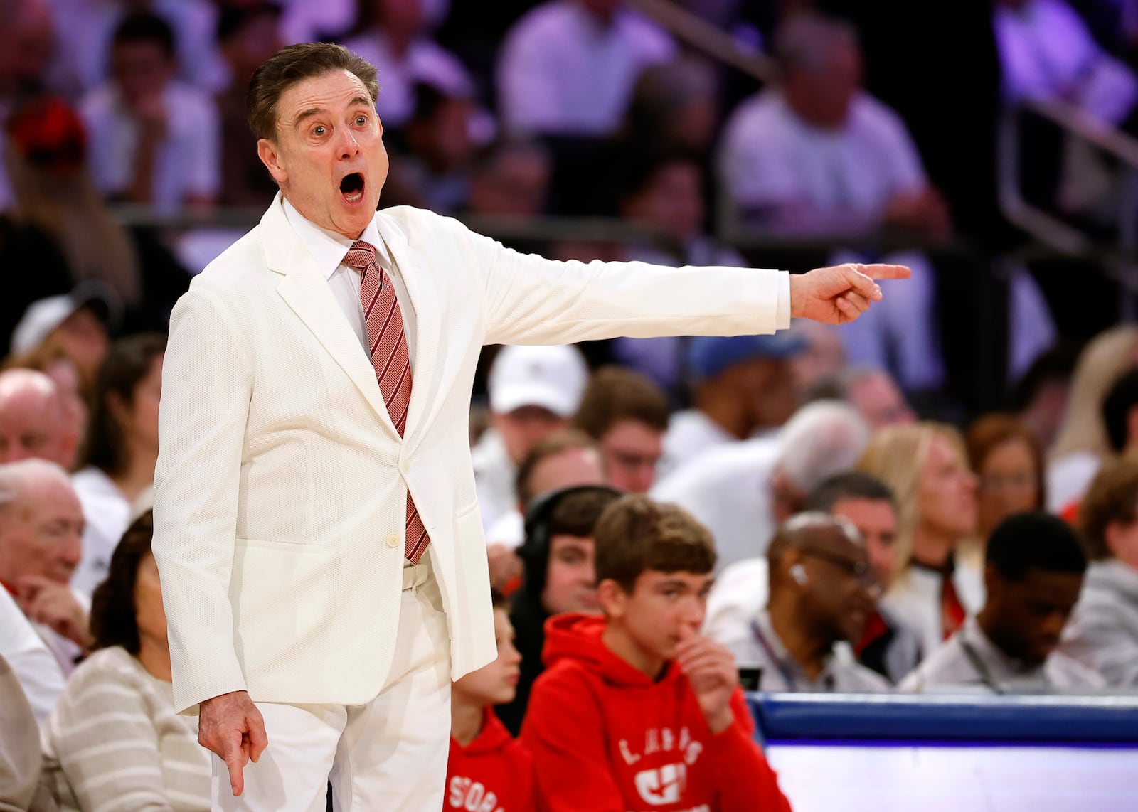 St. John's head coach Rick Pitino reacts during the first half of an NCAA college basketball game against Seton Hall, Saturday, March 1, 2025, in New York. (AP Photo/Noah K. Murray)