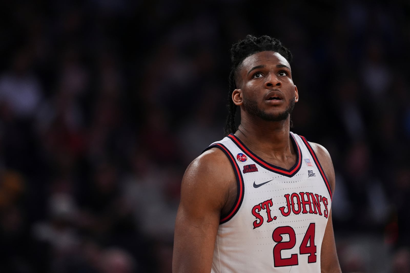 St. John's's Zuby Ejiofor (24) looks toward the stands during the second half of an NCAA college basketball game against the Marquette in the semifinals of the Big East tournament Friday, March 14, 2025, in New York. (AP Photo/Frank Franklin II)