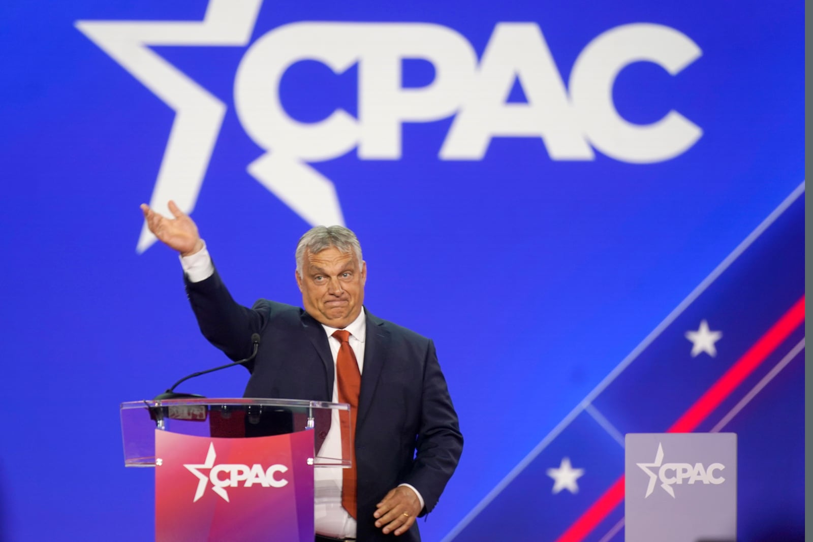 FILE - Hungarian Prime Minister Viktor Orban waves has he walks onto stage to speak at the Conservative Political Action Conference (CPAC) in Dallas, Aug. 4, 2022. (AP Photo/LM Otero, File)