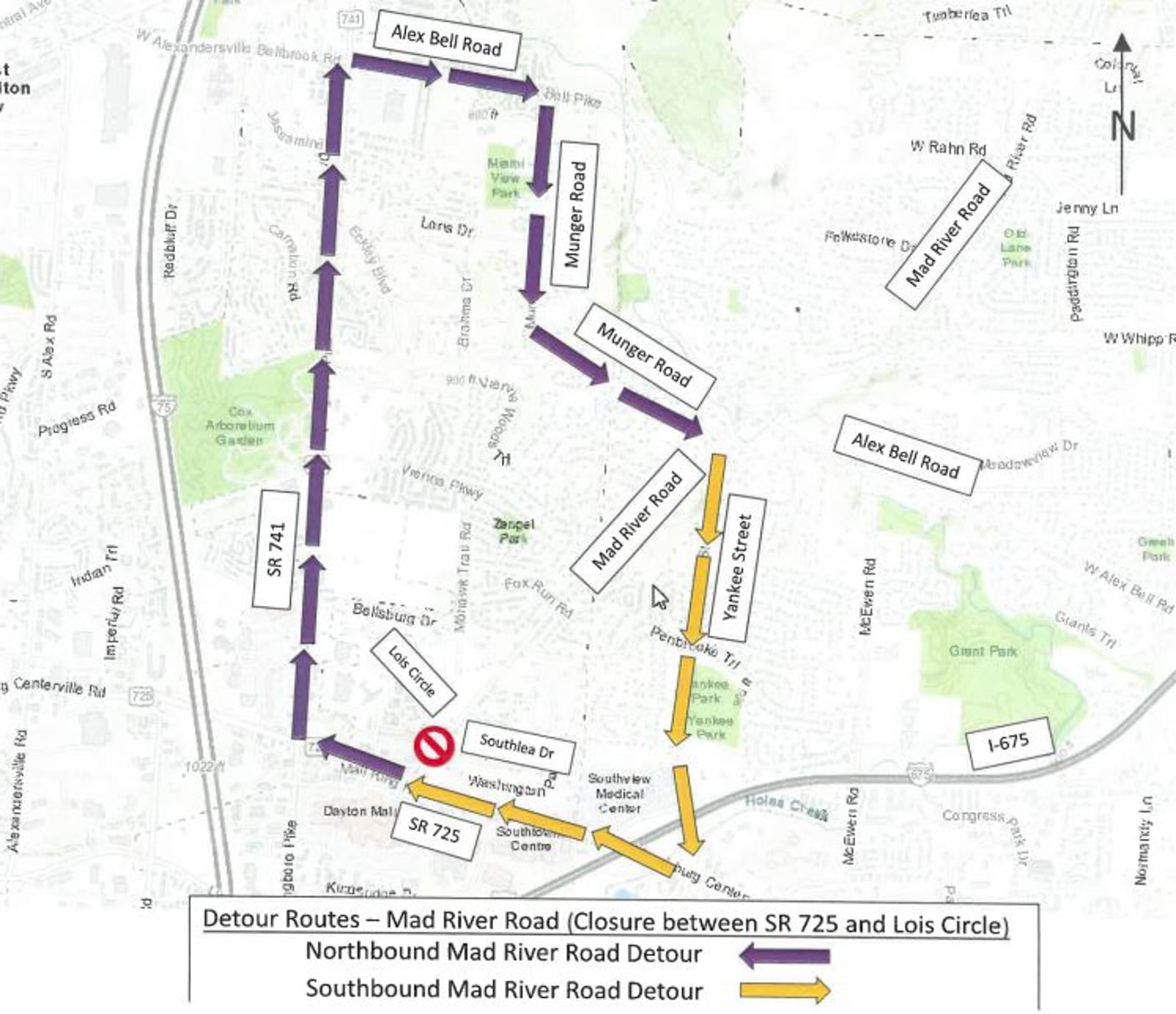 Mad River Road between Ohio 725 (Miamisburg Centerville Road) and Lois Circle/Southlea Drive is scheduled to be closed starting Monday, Oct. 2, 2023, for five days as Montgomery County crews replace the culvert.