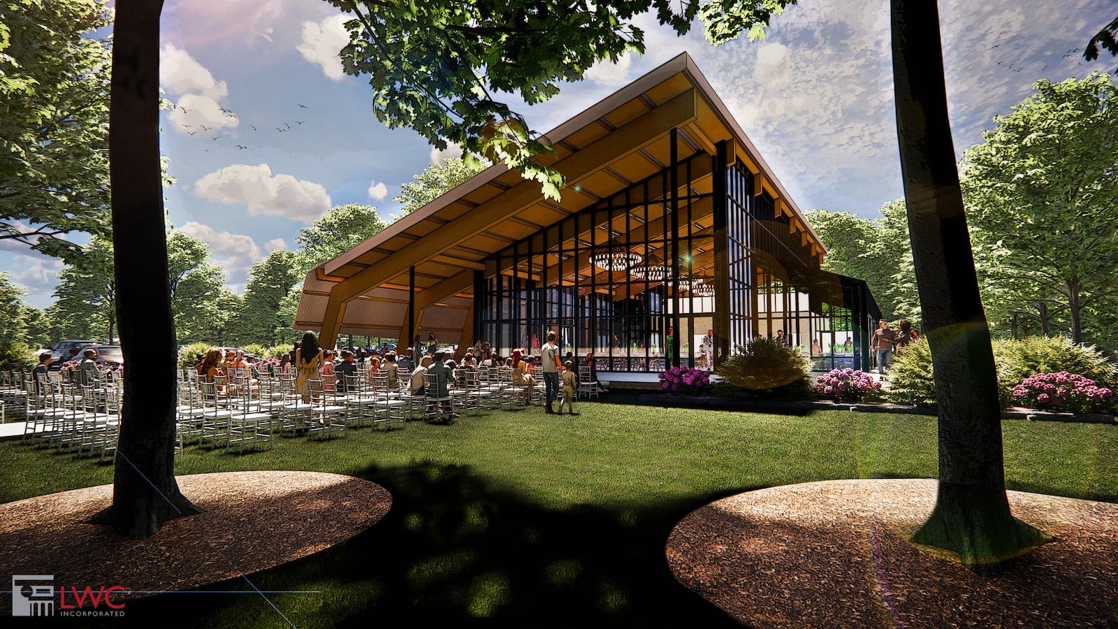 An exterior render of Benham's Grove event center, which is set to start construction in Centerville in April. CONTRIBUTED