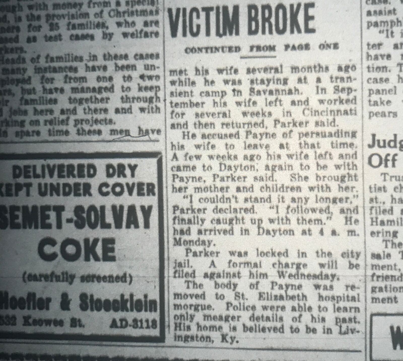 Archived Dayton Daily News articles related to the 1935 murder case of former police officer Louis E. Parker. Parker was tried for the Dec. 24, 1934 murder of Chestnut Payne, his wife's lover.