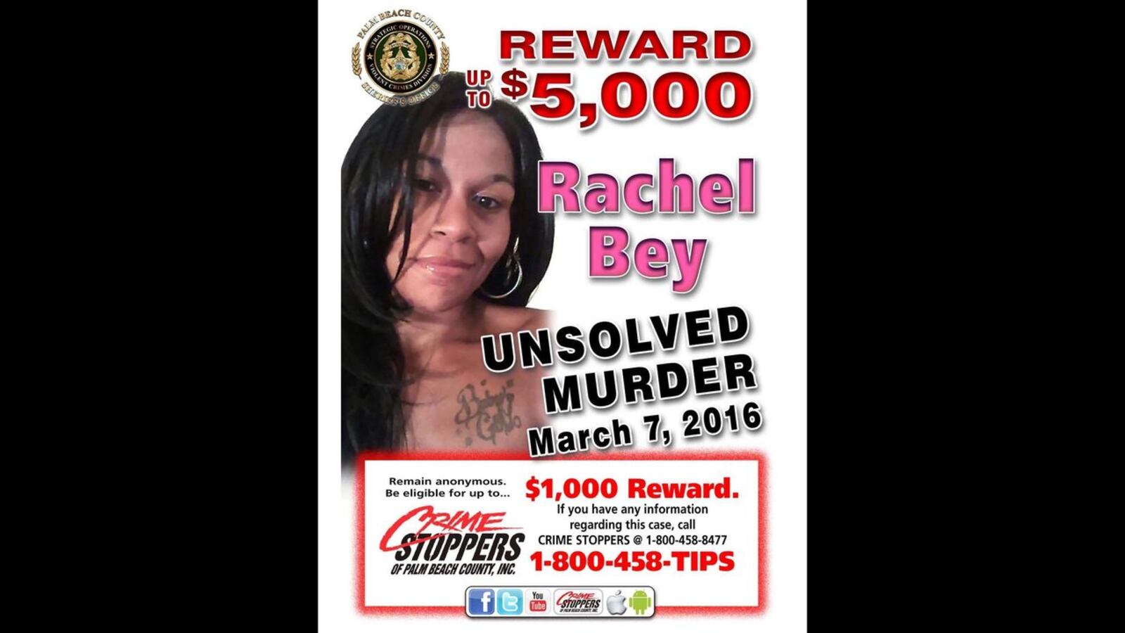 A poster seeking information in the March 2016 slaying of Rachel Bey, 32, of West Palm Beach, Fla., is pictured. Authorities on Sunday, Sept. 15, 2019, arrested suspected Daytona Beach serial killer Robert Hayes and charged him with Bey's death.