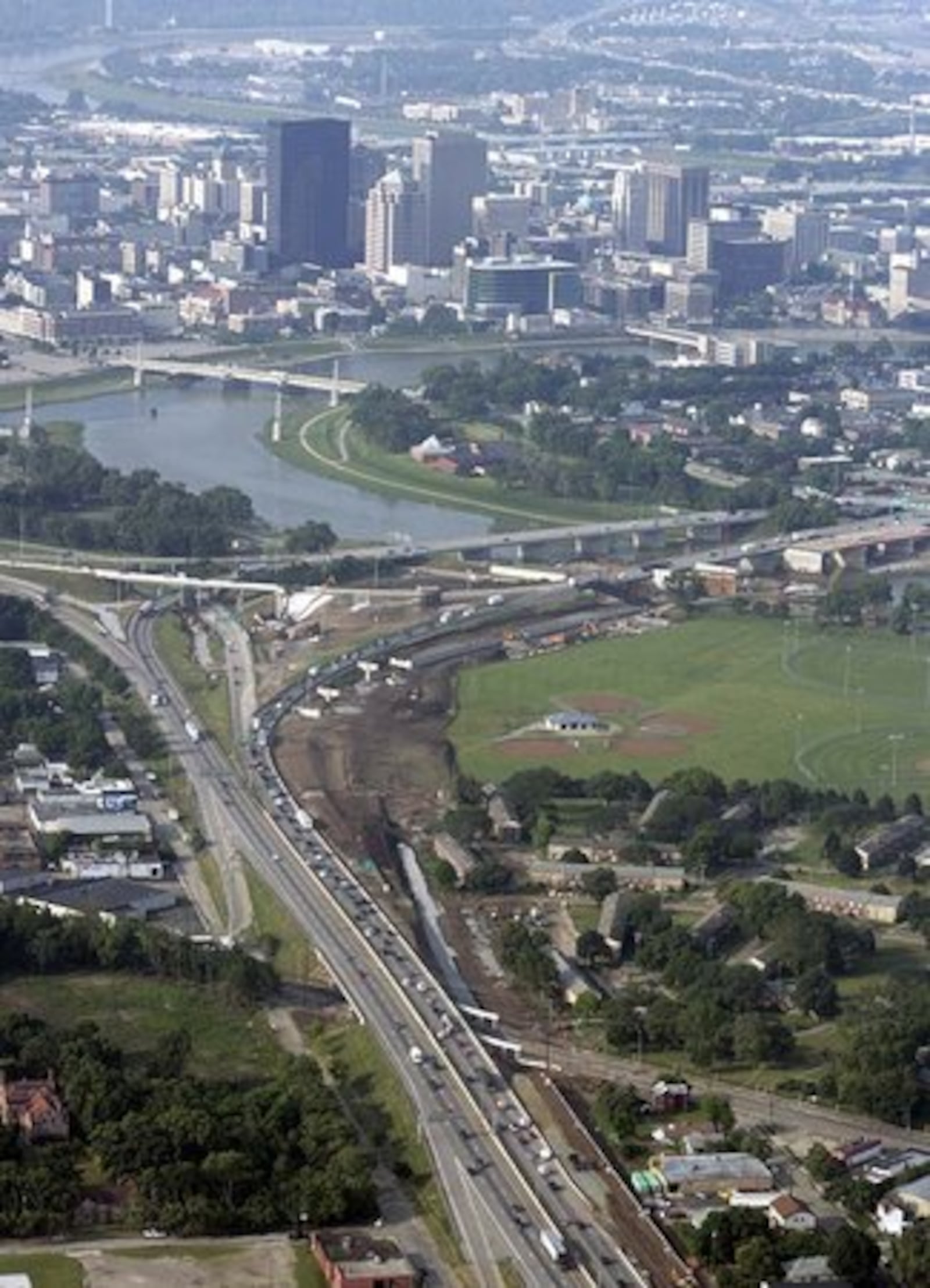 Reconstruction of the I-75 and Ohio 4 interchange, known as Malfunction Junction, is progressing. New bridges across the Great Miami River are taking shape. This is an aerial view looking southwest down I-75.