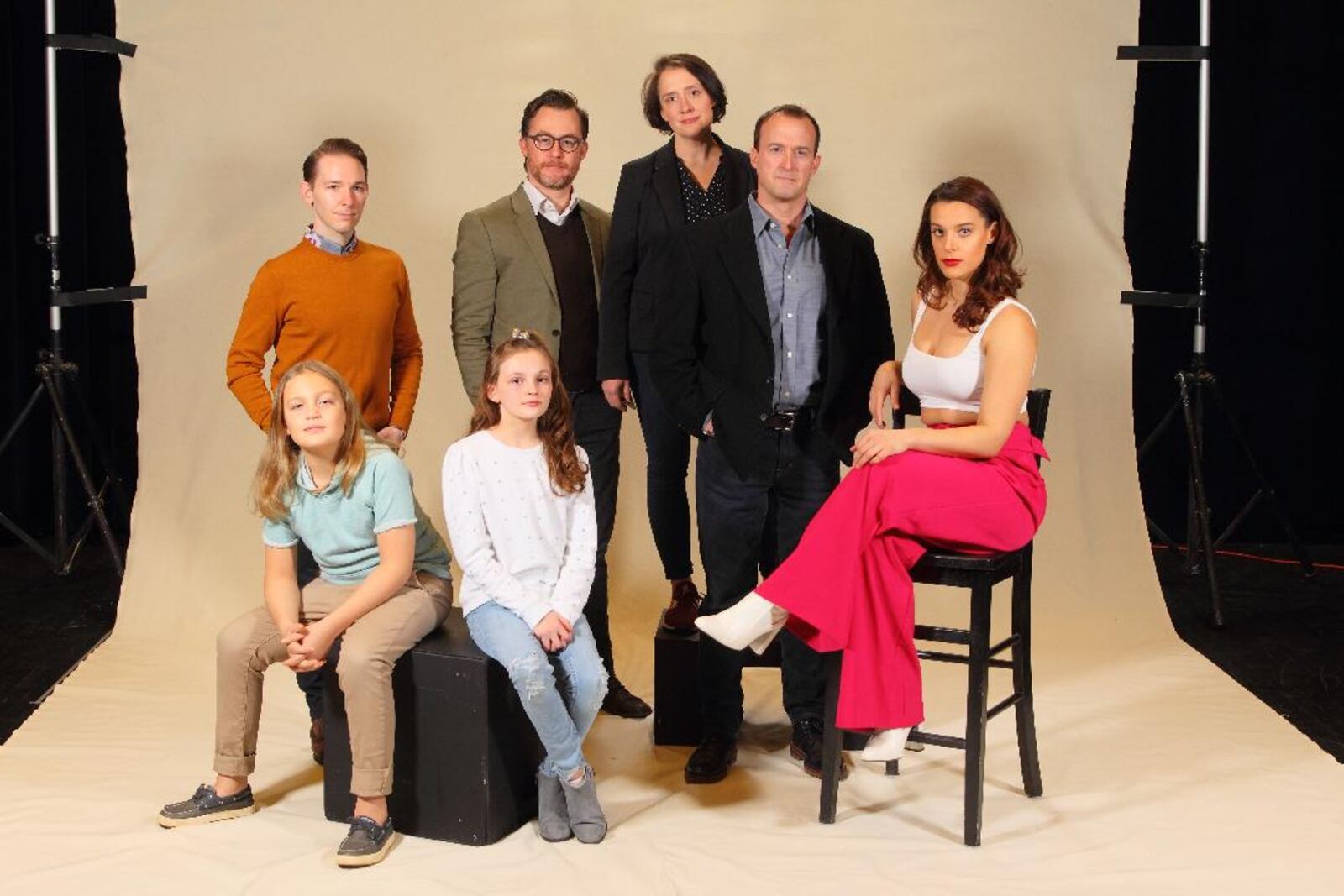 The cast of the Human Race Theatre Company's production of "Everything That's Beautiful." Front row left to right: Jax Heritage and Isabella Roberts; Back row left to right: Eric Deiboldt, Justin McCombs, Kelly Mengelkoch, Josh Aaron McCabe, and Teresa Langford. PHOTO BY SCOTT J. KIMMINS