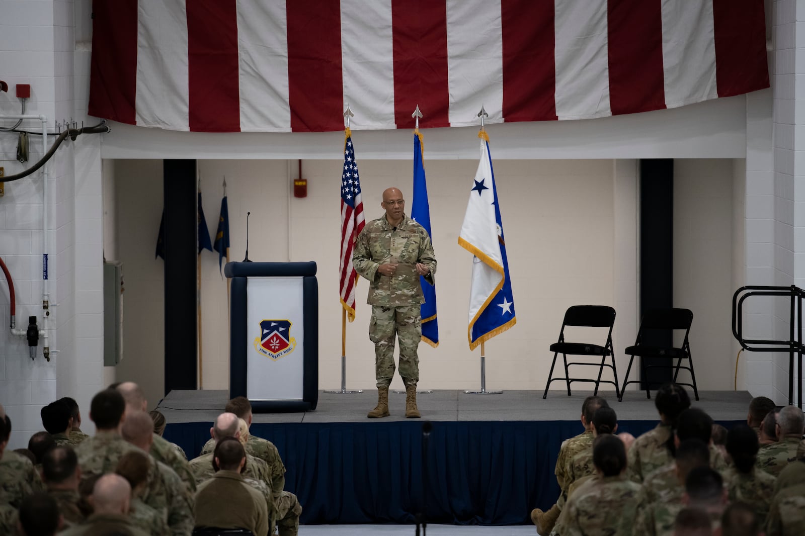 U.S. Air Force Chief of Staff Gen. CQ Brown, Jr., speaks at an all-call with Airmen during a visit to the
179th Airlift Wing at Mansfield Lahm Air National Guard Base, Ohio, Apr. 2, 2023. The visit to Mansfield
was an opportunity for senior leadership to visit with Airmen and learn about the historic mission
conversion of the unit into the Air National Guard&#39;s first-ever cyberspace wing. (U.S. Air Force photo by
Master Sgt. Joe Harwood)