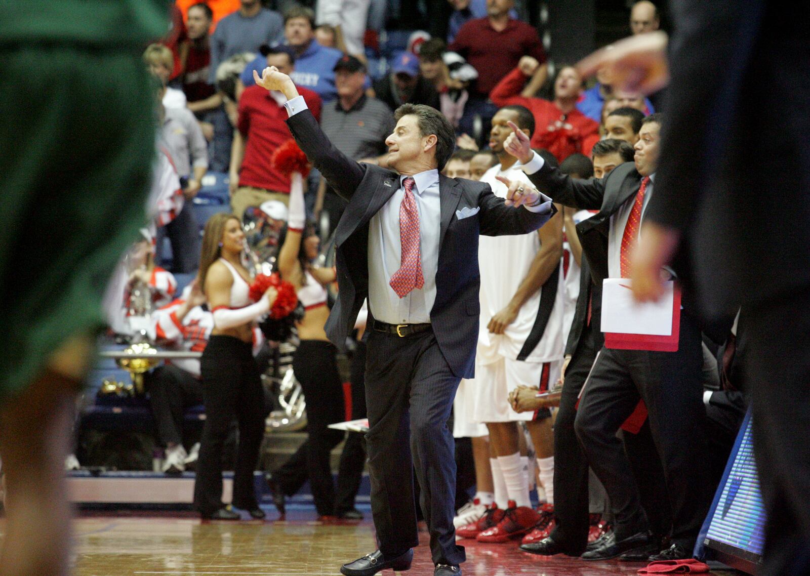 E.L. Hubbard for the DDN
Louisville coach Rick Pitino is animated on the sidelines as his team pulls back ahead of Siena in the closing minutes during NCAA tournament action at UD Arena Friday, March 20, 2009.