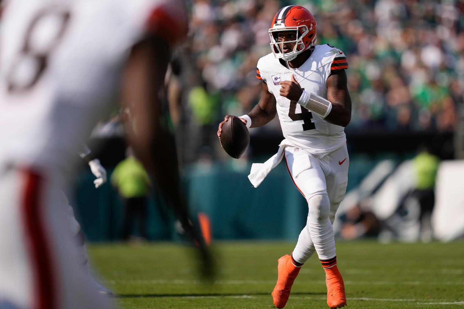 Cleveland Browns quarterback Deshaun Watson (4) looks to pass during the second half of an NFL football game against the Philadelphia Eagles on Sunday, Oct. 13, 2024, in Philadelphia. (AP Photo/Matt Rourke)