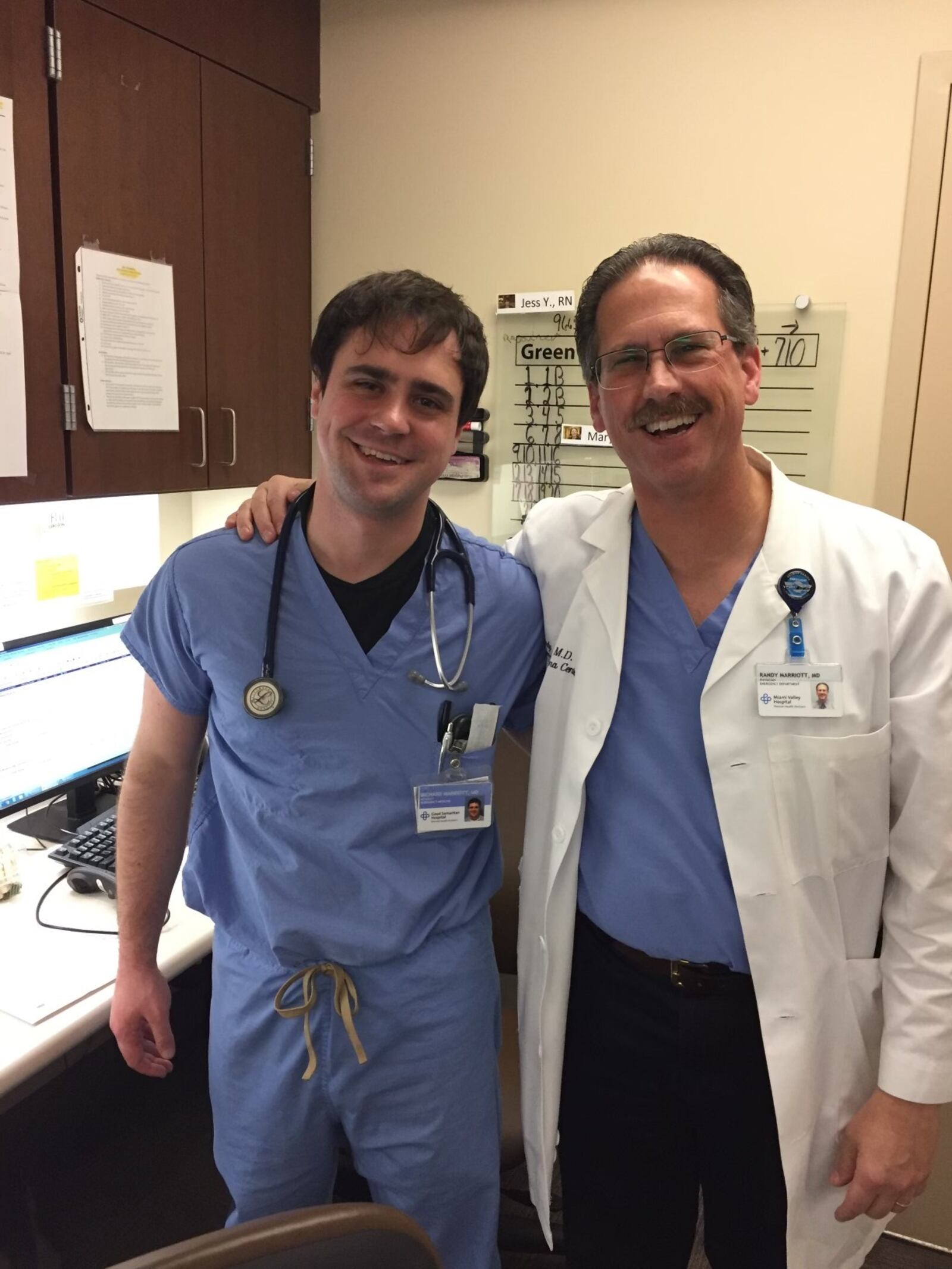 Dr. Rick Marriott is shown with his father, Dr. Randy Marriott, during his residency.  Both are now part of Miami Valley Emergency Specialists, which contracts to provide emergency room doctors to all Premier Health hospitals. CONTRIBUTED