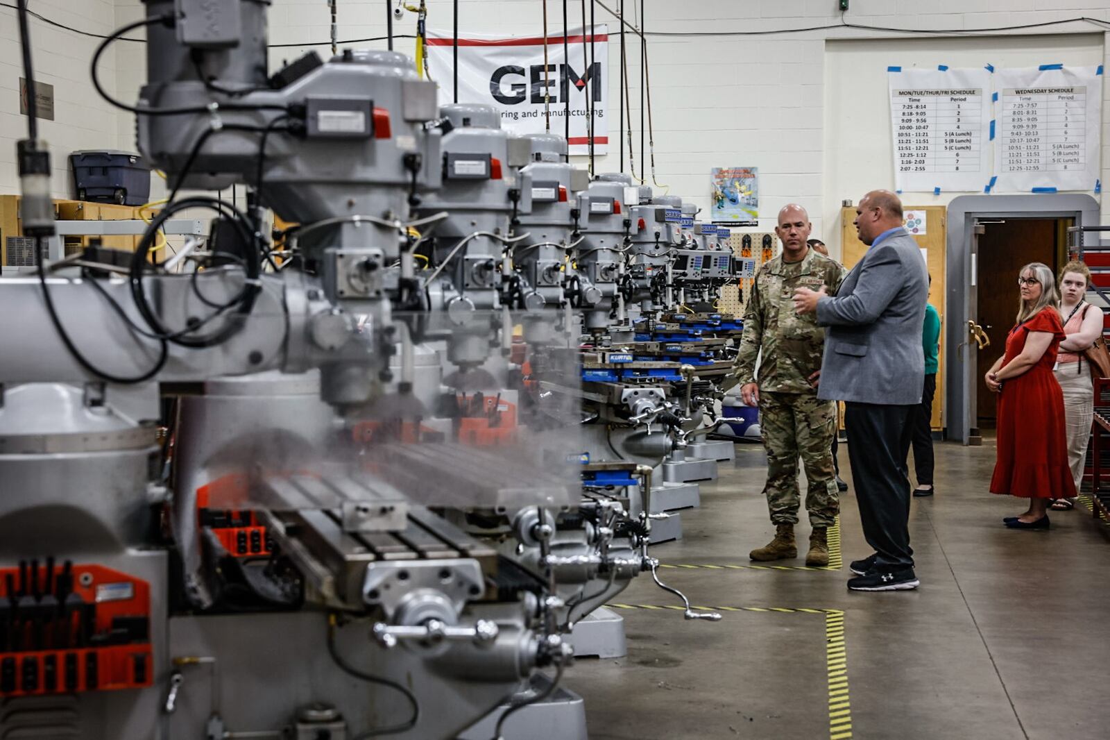 Col. Sean Brazel, left, Commander of the 88th Mission Support Group at Wright Patt and Jeff Berk, Career Tech Director at Stebbins High School, talked about
collaborating to prepare students successful careers at the school Thursday September 7, 2023. JIM NOELKER/STAFF