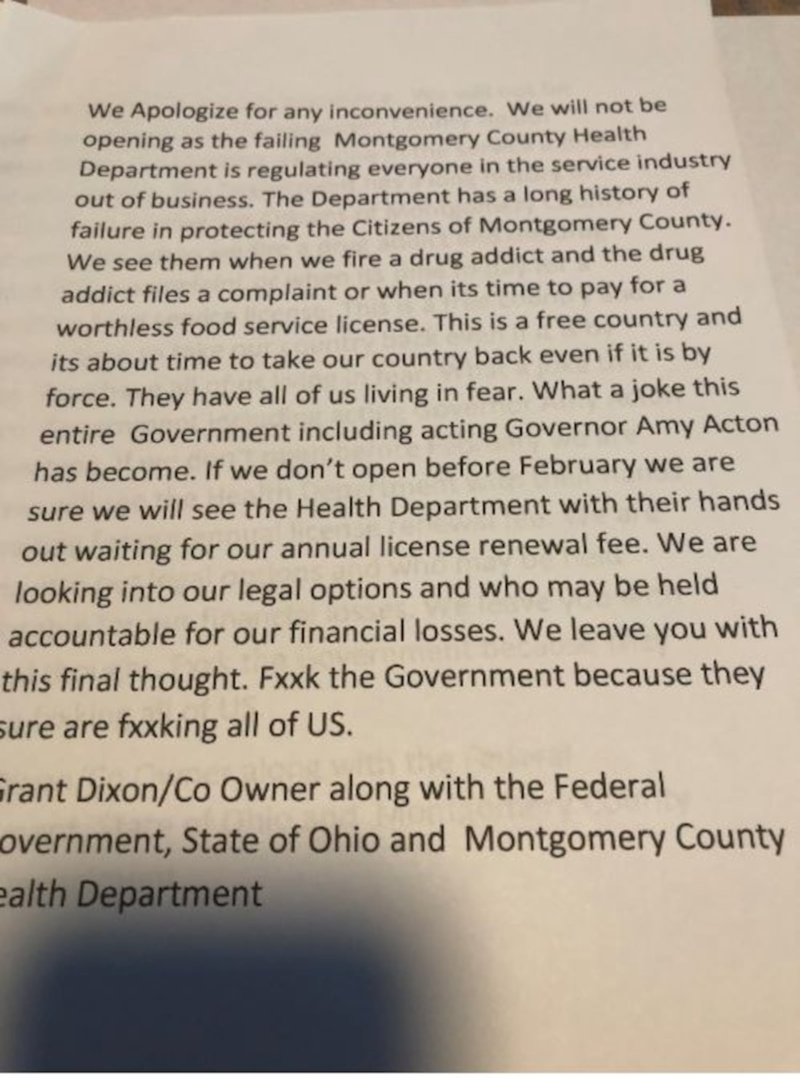 Grant Dixon, the owner of Club Evolution in downtown Dayton, said  he will reopen his bar on June 1 with or without the governor's permission.  Dixon says this noted is posted on the businesses door.