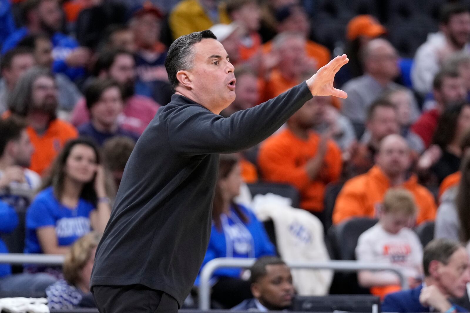 Xavier head coach Sean Miller yells to his players during the first half in the first round of the NCAA college basketball tournament against Illinois, Friday, March 21, 2025, in Milwaukee, Wis. (AP Photo/Kayla Wolf)