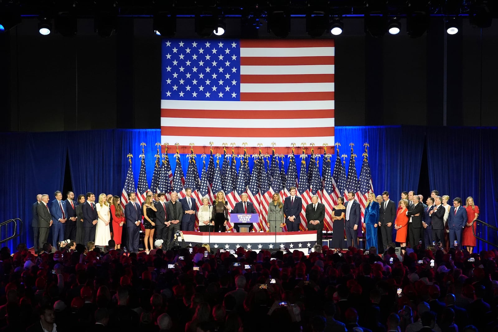 Republican Presidential nominee former President Donald Trump speaks at the Palm Beach County Convention Center during an election night watch party, Wednesday, Nov. 6, 2024, in West Palm Beach, Fla. (AP Photo/Lynne Sladky)