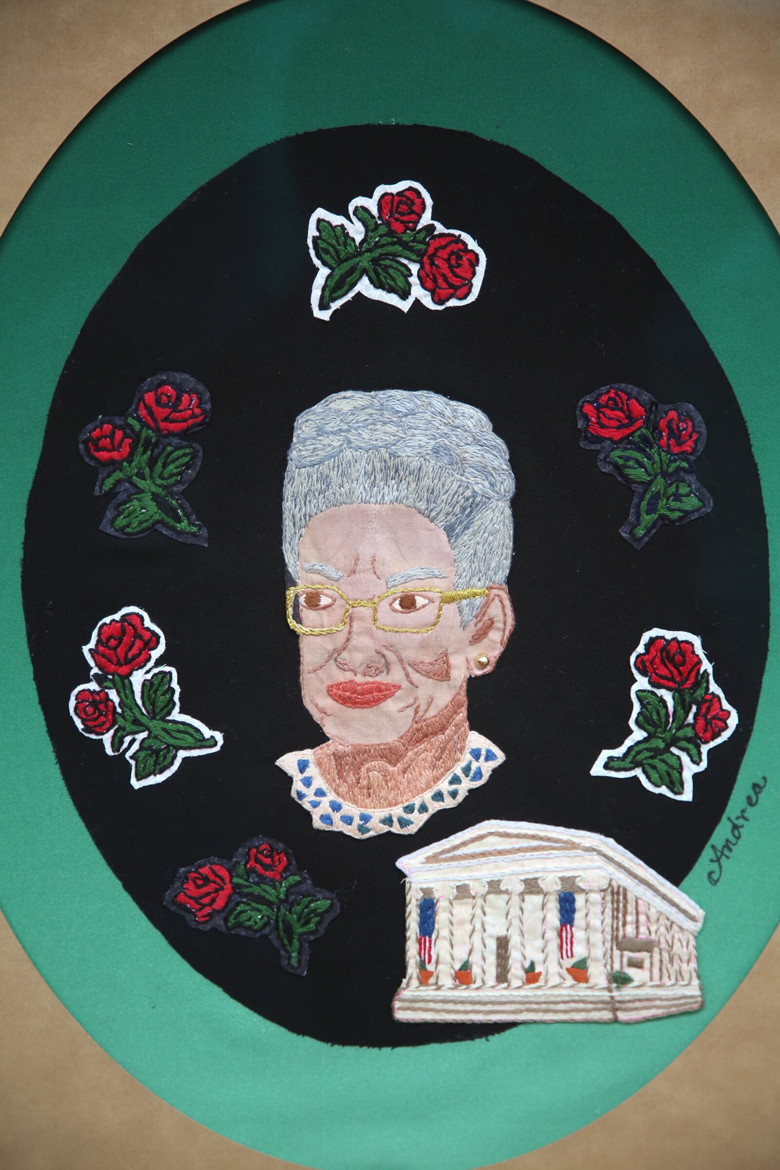 "Julia Green From Juvenile to Roses," fiber hand emboidery and applique by artist Andrea Walker - Cummings. This piece is on display in the Dayton Skyscrapers 2020 Visual Voices art exhibition on display at the Schuster Center Wintergarden. LISA POWELL / STAFF