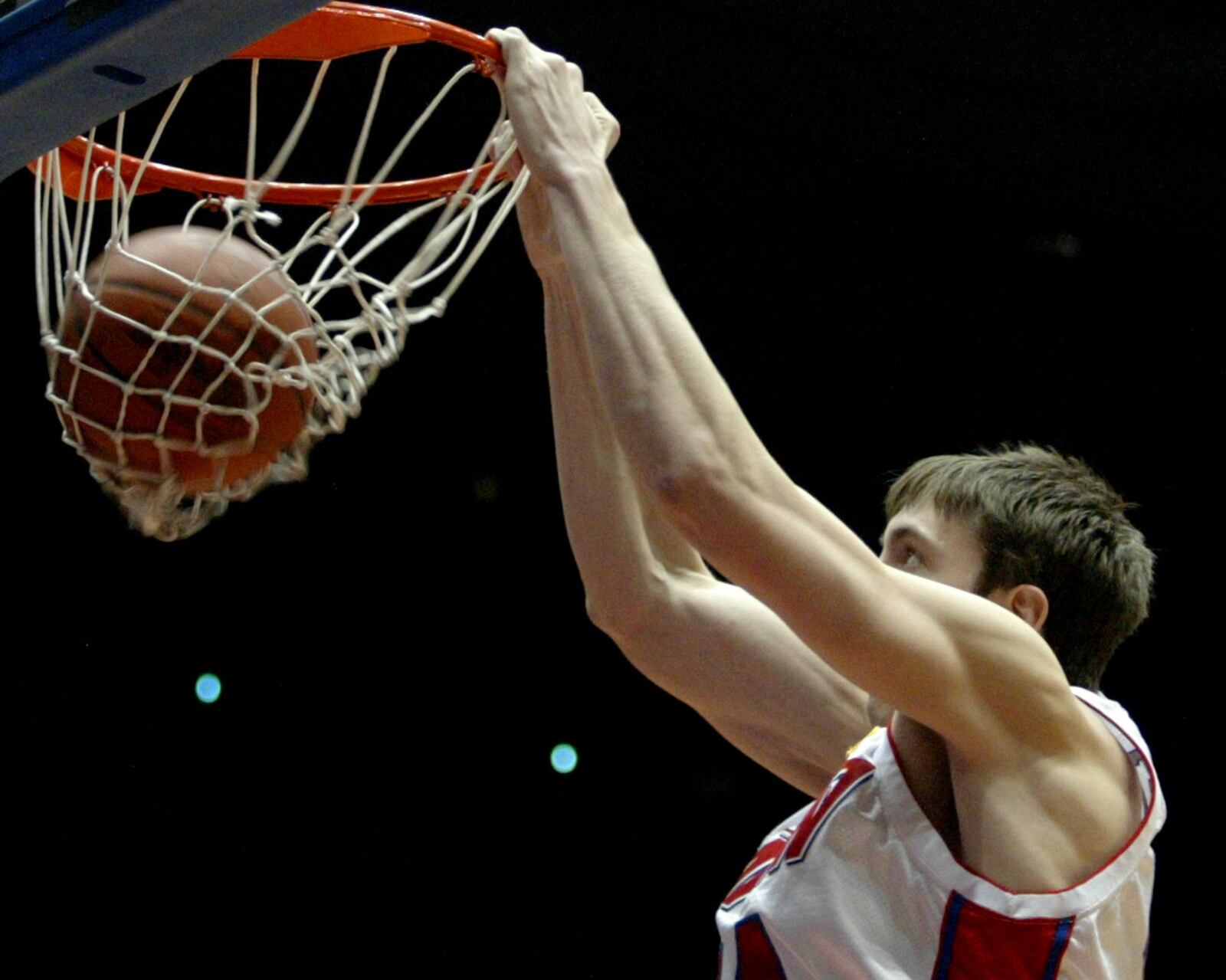 Sean Finn eyes a first half dunk for the UD Flyers. Dayton hosted the George Washington Colonials.