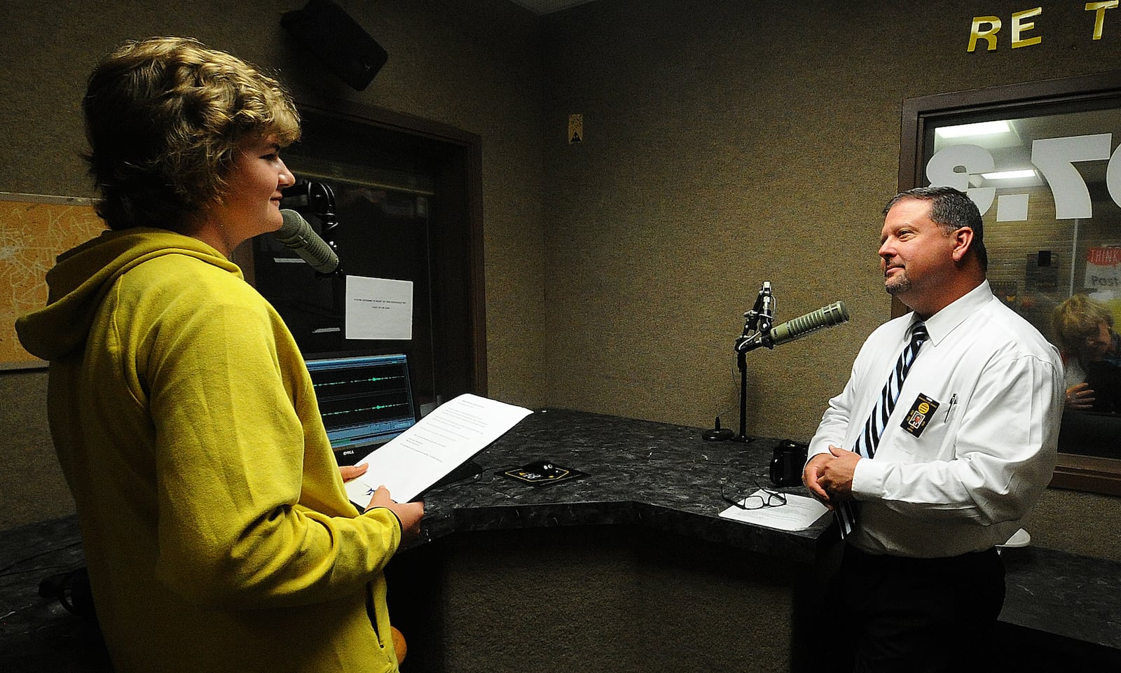 Centerville High School student Andrew Montavon interviews Coordinating Principal John Carroll at the school's radio station Thursday Sept. 22, 2022. The station is programmed and run by the broadcast students. MARSHALL GORBY\STAFF